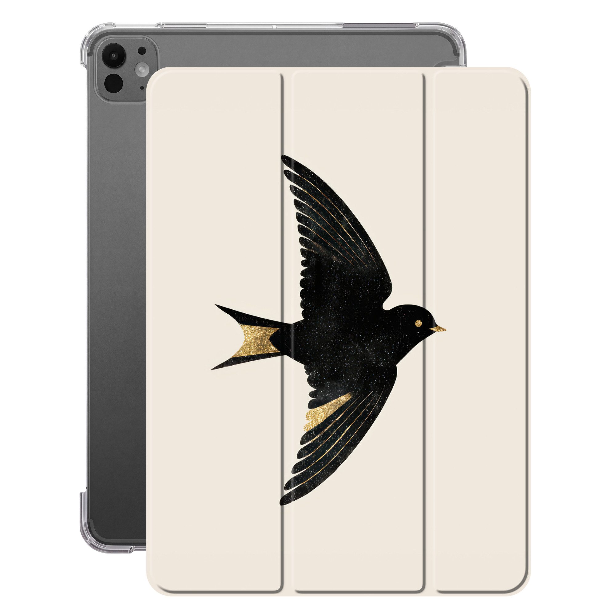 OnlyWow Tablet-Hülle Apple iPad Pro (2024) 11 inch Schwarze Schwalbe - Goldfarbene Akzente, Schutzhülle, Klapphülle, Auto-Sleep/Wake-Funktion, Stoßfest
