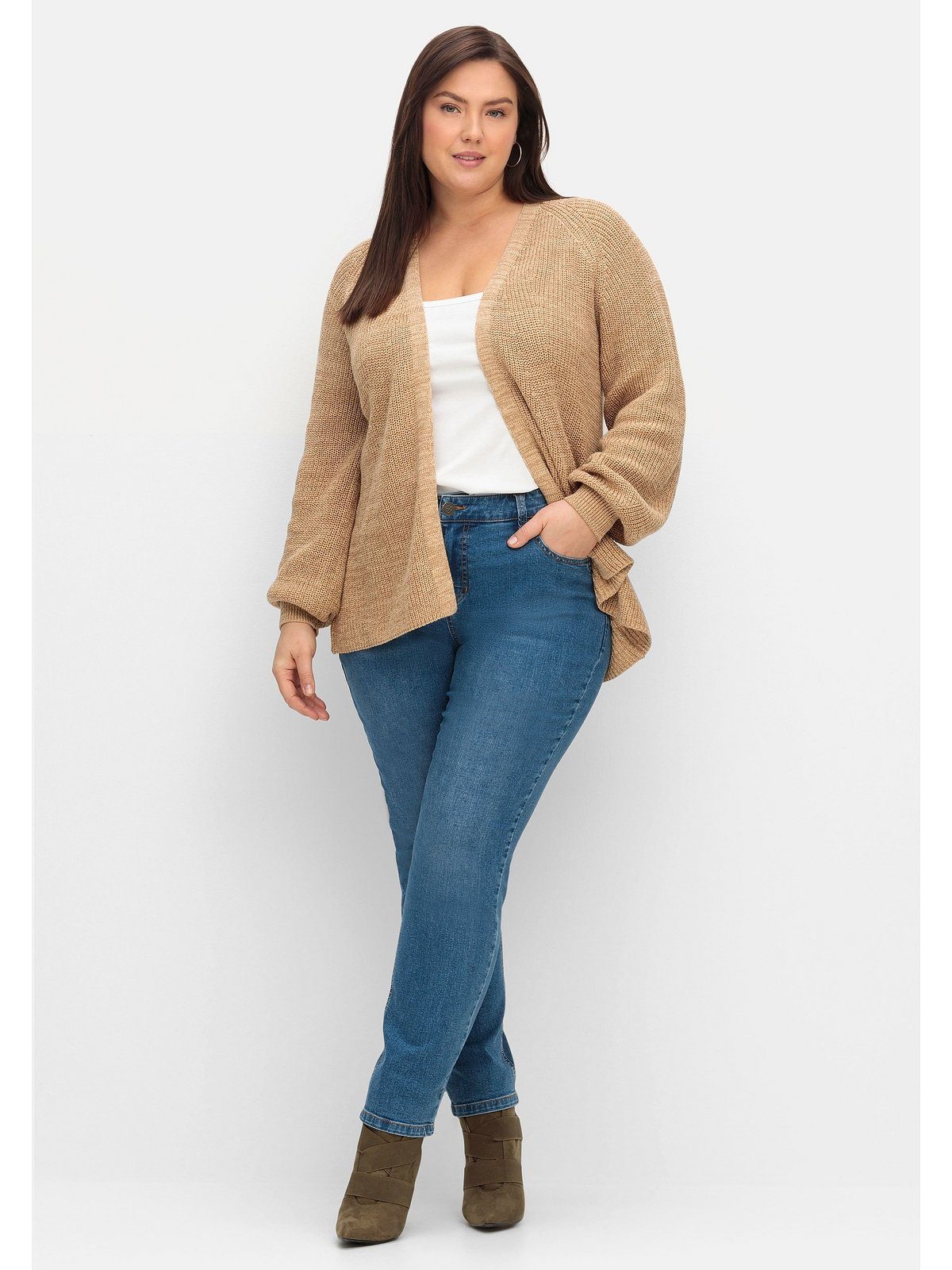 A-Linie und in Große meliert cappuccino leichter offener Strickjacke Größen Form Sheego