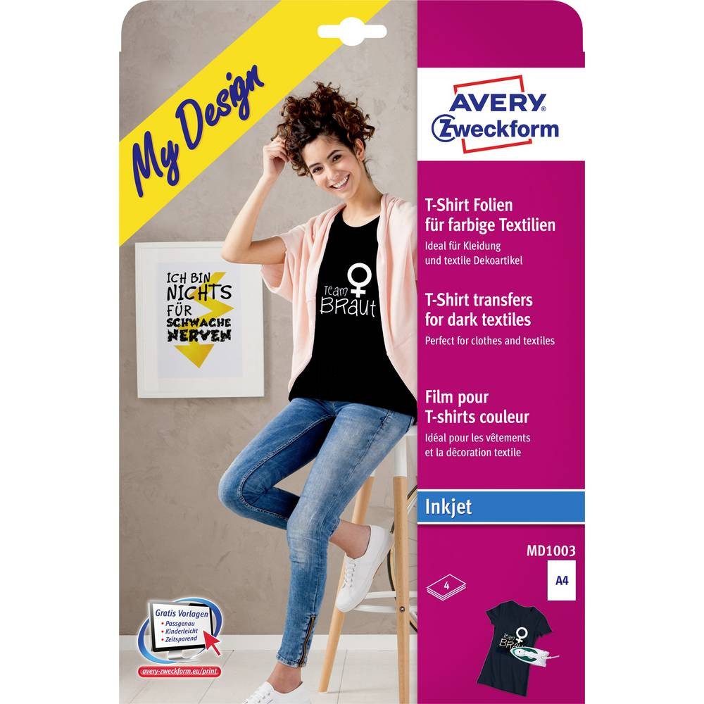 Avery Zweckform Etikettenpapier Avery Zweckform Textilfolie für farbige Textilien MD1003, für farbige Textilien, Optimiert für Tintenstrahl