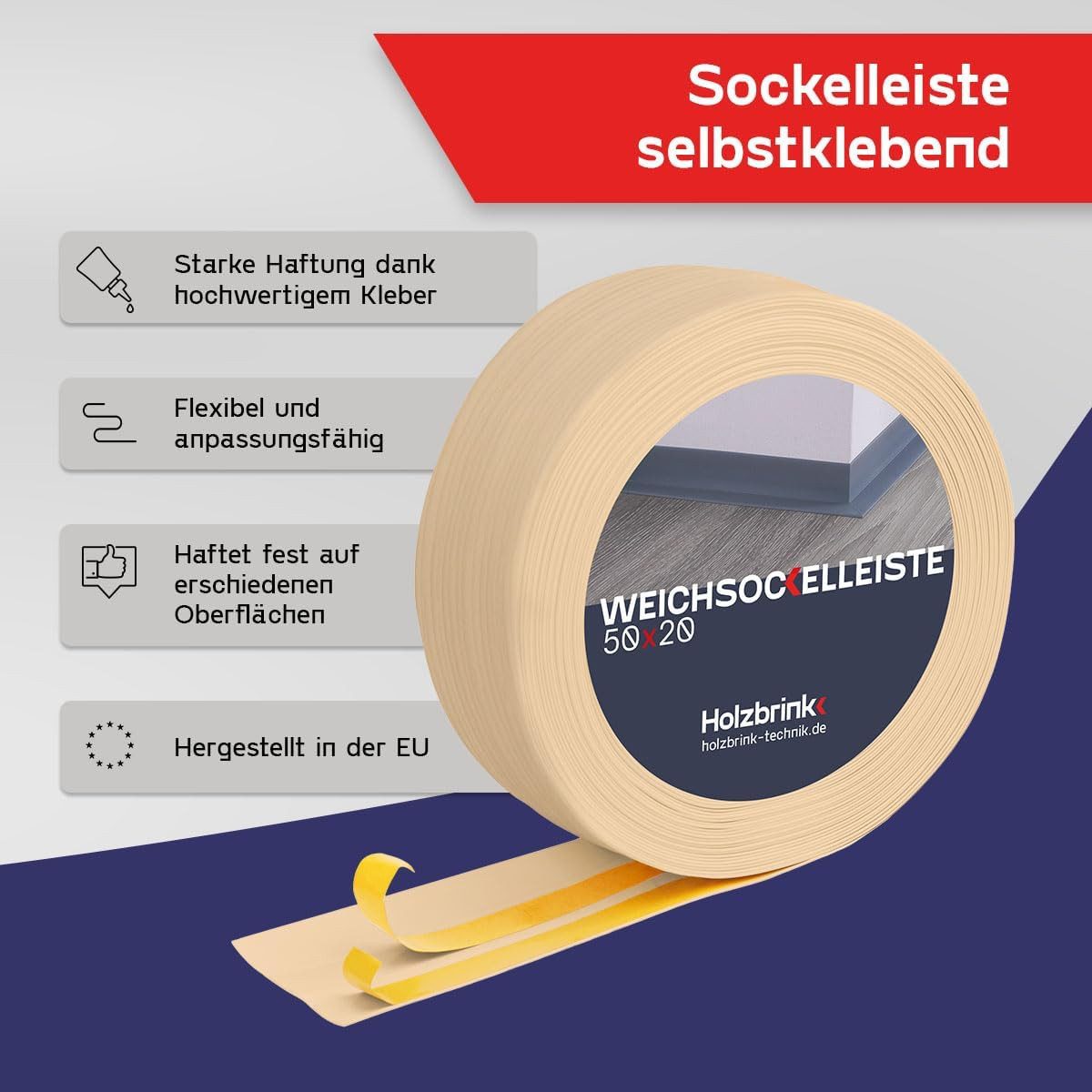HOLZBRINK Sockelleiste HOLZBRINK selbstklebend PVC 50x20mm, 1 m, L: 100 cm, 1m Rolle, Küchenleiste Abschlussleiste für Badezimmer Farbe: Kiefer