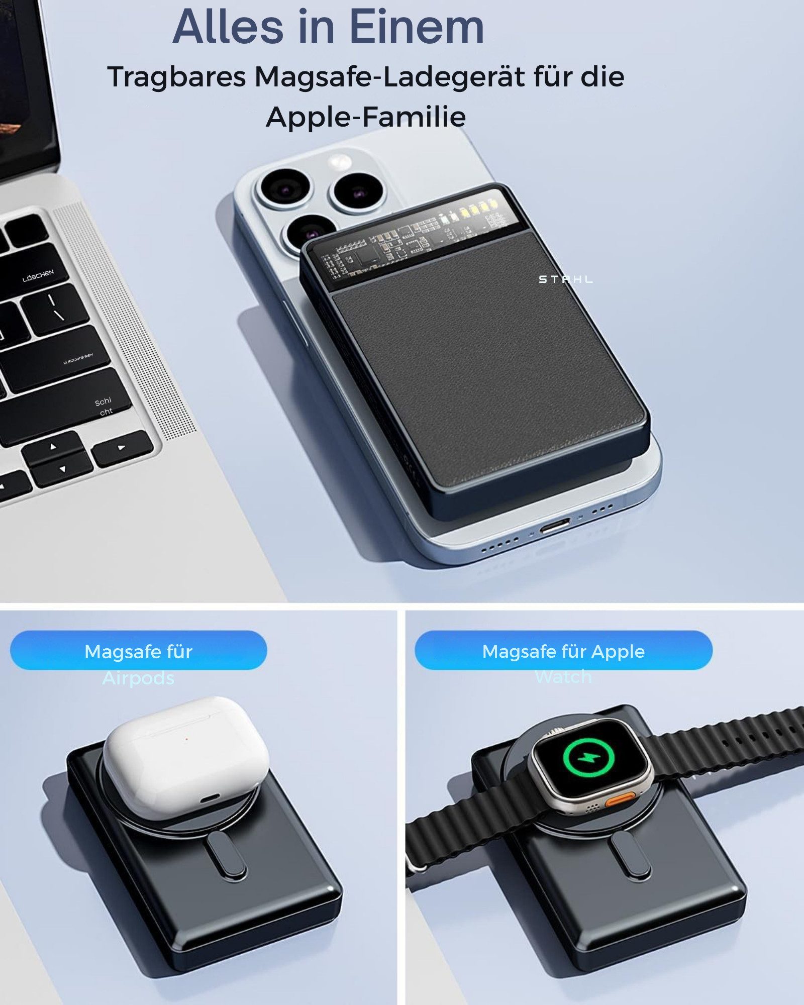 KPON MagSafe Powerbank 10000mAh mit Schnellladefunktion, 20W USB-C PD Powerbank 10000 mAh, Magnetisches kabelloses Ladegerät mit klappbarem Ständer – Bild 2 von 5