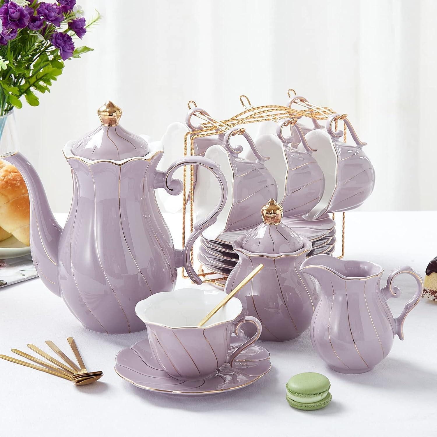 LuxusKollektion Teeservice Teeset Porzellan 22teilig 6 Personen Goldrand Ständer Violett