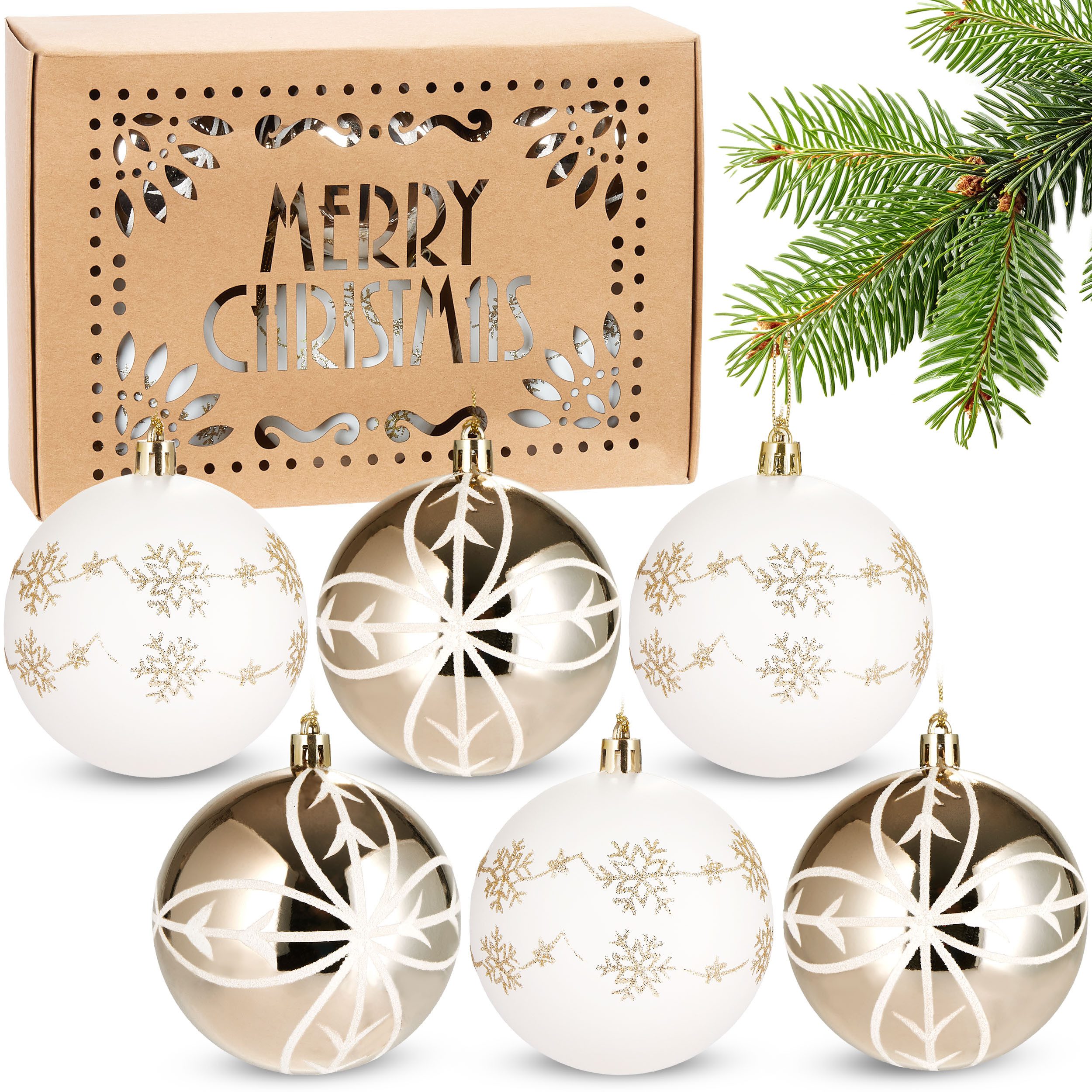 BRUBAKER Weihnachtsbaumkugel 6er Set Weihnachtskugeln - 8 cm Christbaumkugeln (6 St), Baumkugeln für Weihnachtsdeko - handbemalte Weihnachtsbaumkugeln