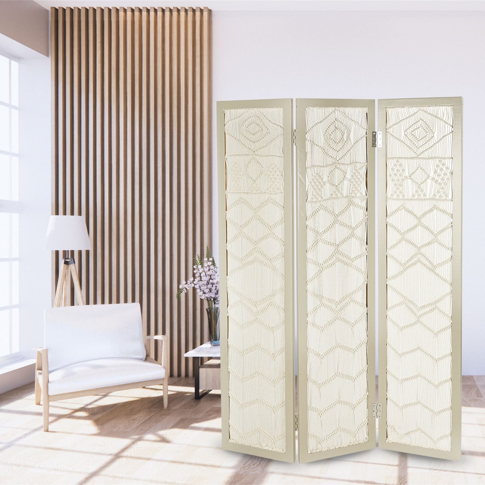 CREEDWOOD Paravent RAUMTEILER "BOHO", 166x123cm, Makramee, grau, Deko Paravent
