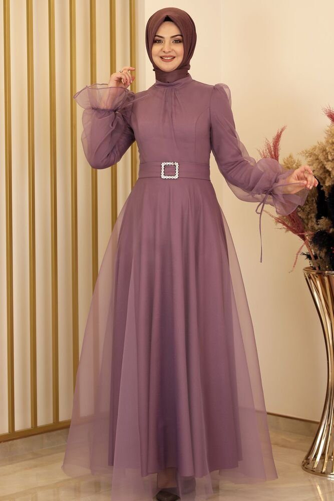Modavitrini Abendkleid Damen Kleid langärmliges Maxikleid Abiye Abaya Hijab Mode mit Gürtel Lila