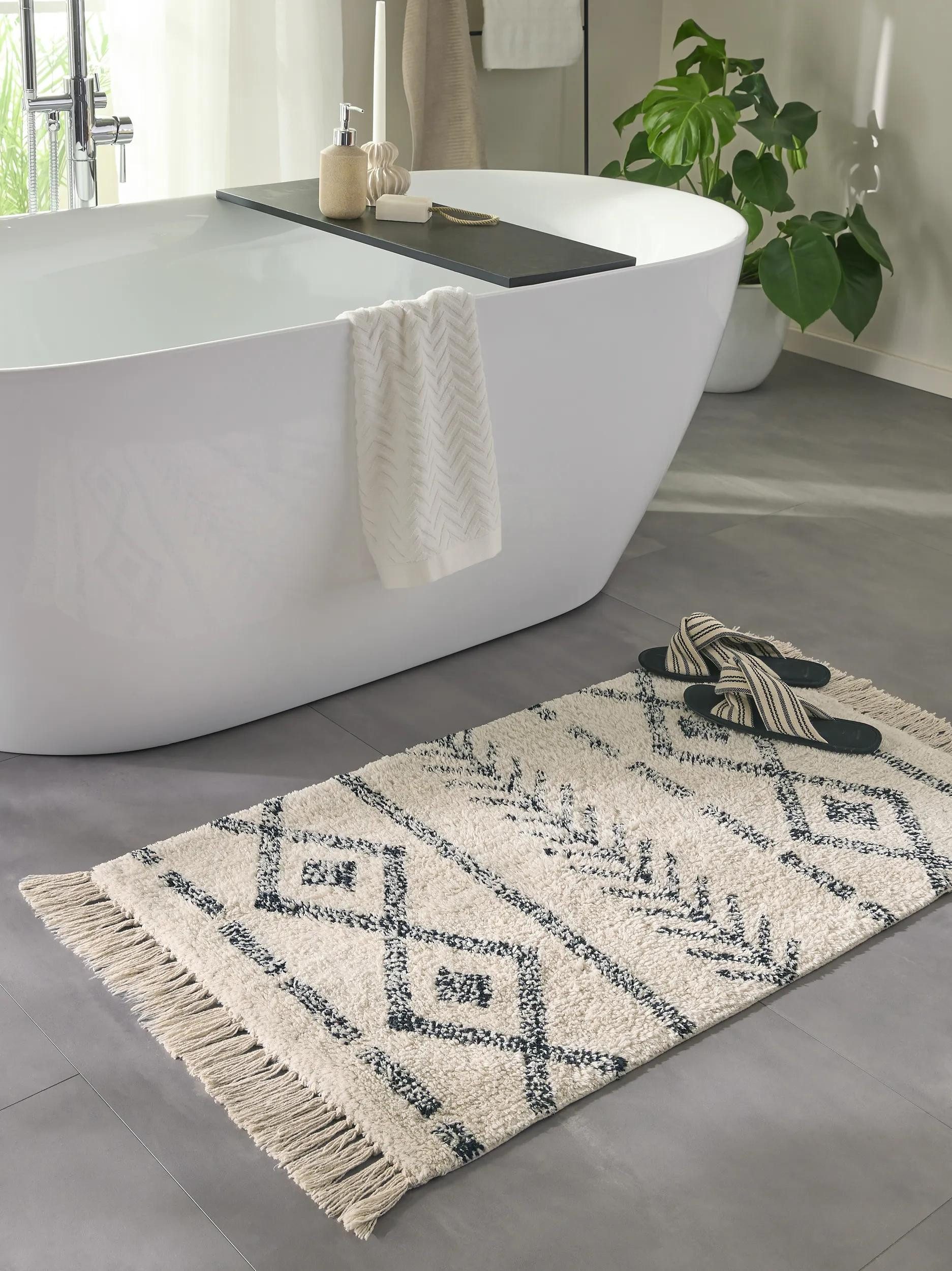 benuta Badematte Naomi, Höhe 6 mm, Baumwolle, rechteckig, 100% Baumwolle, handgeknüpft, Boho-Style, Badezimmer, Küche