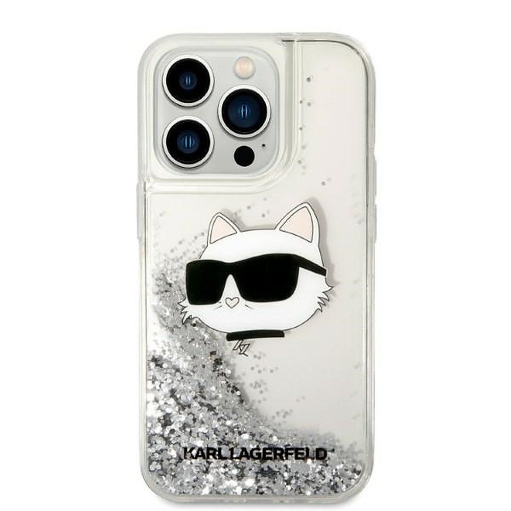 KARL LAGERFELD Handyhülle Schutzhülle Glitzerhülle Rückschale 6,7 Zoll, Flüssigglitzer, Choupette-Motiv, Hartschale
