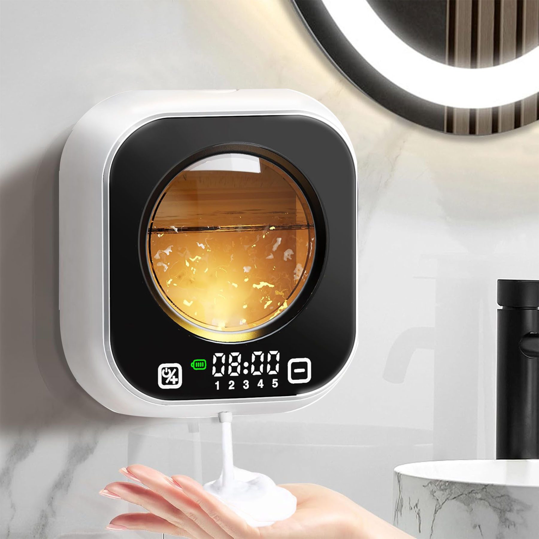 Senmudi Seifenspender Automatischer Seifenspender, 320 ml, 5-stufige Schaumregulierung, (USB-wiederaufladbar, mit Ambientelicht und bis zu 80 Tagen Laufzeit, IPX5 Wasserdicht, Geeignet für Küche, Bad, Büro, Schule, Hotel usw), Es ist das perfekte Geschenk für Familie, Freunde oder den Partner