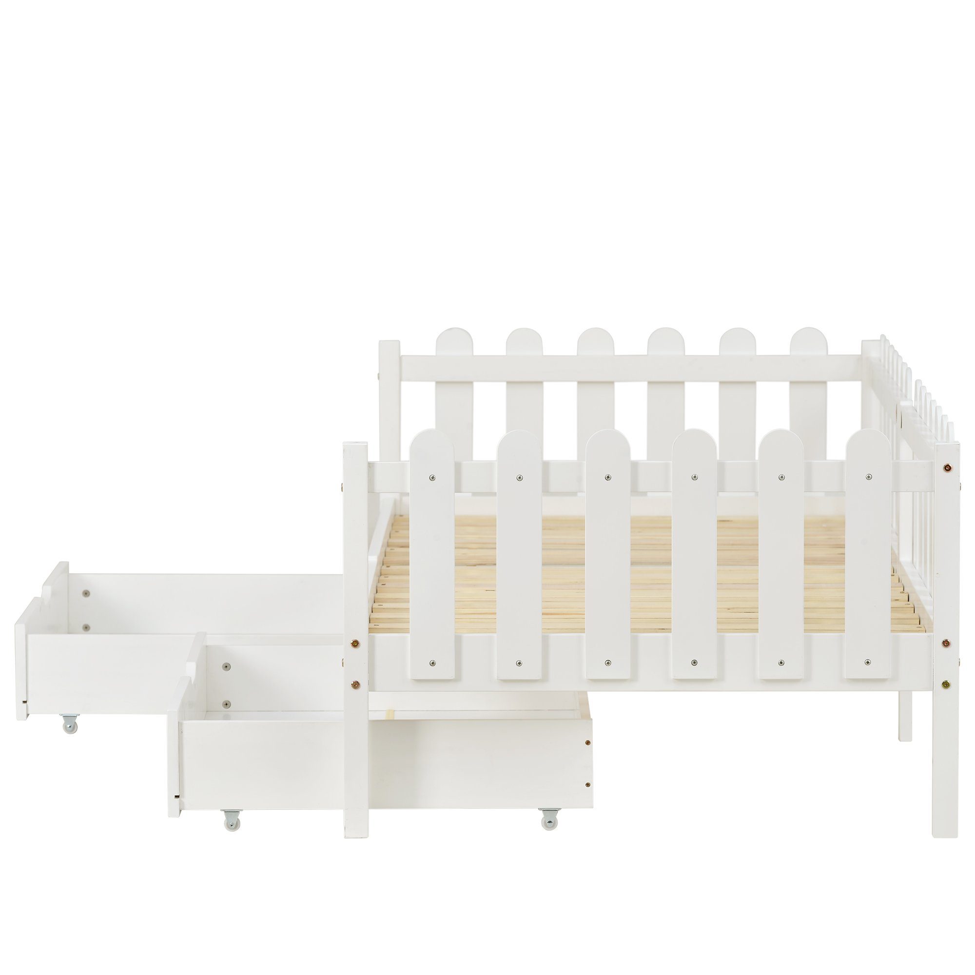Daybett (1 tlg), Einzelbett Tagesbett Kinderbett mit Rausfallschutz, 2 MDF Schubladen und Lattenrost, Kiefernholz, Bett 200x90cm