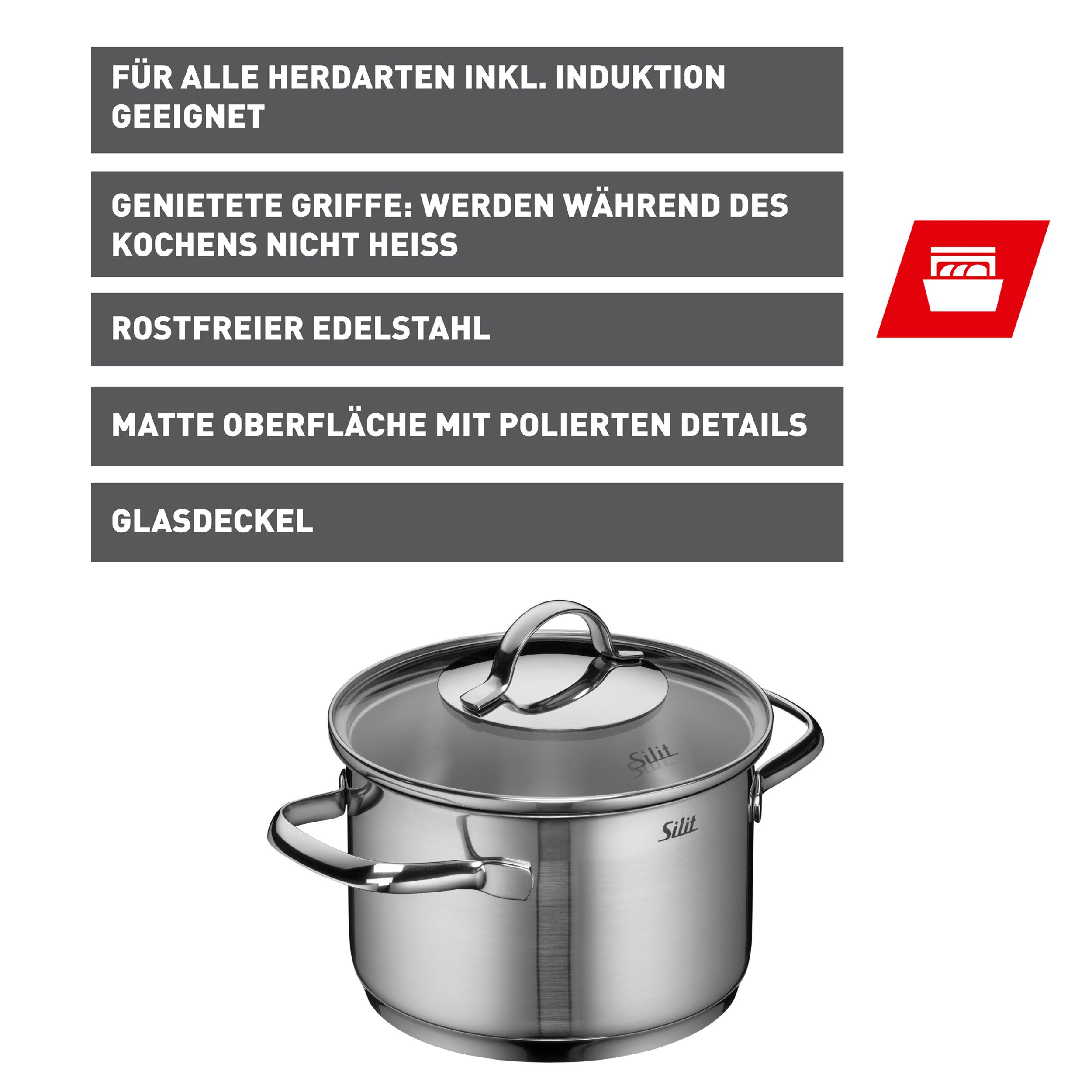 Silit Kochtopf Achat, Topf mit Deckel, Edelstahl 18/10 (2-tlg), rostfrei, Silitherm-Allherdboden, induktionsgeeignet