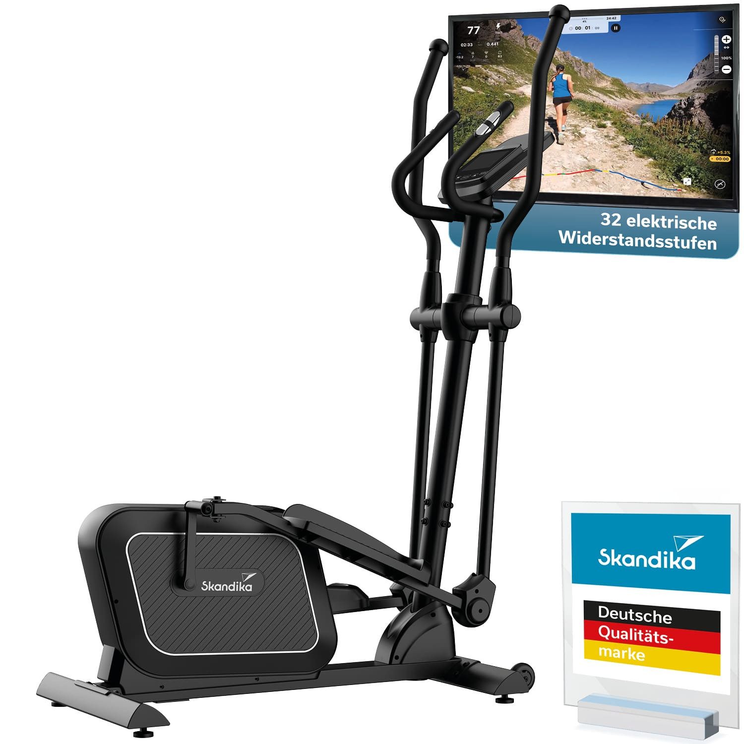Skandika Crosstrainer für Zuhause Fint P8-R, Heimtrainer leise, 32 Stufen, 22 Programme, bis 120 kg, Kinomap App kompatibel, 8 kg Schwungmasse, 22 Programme