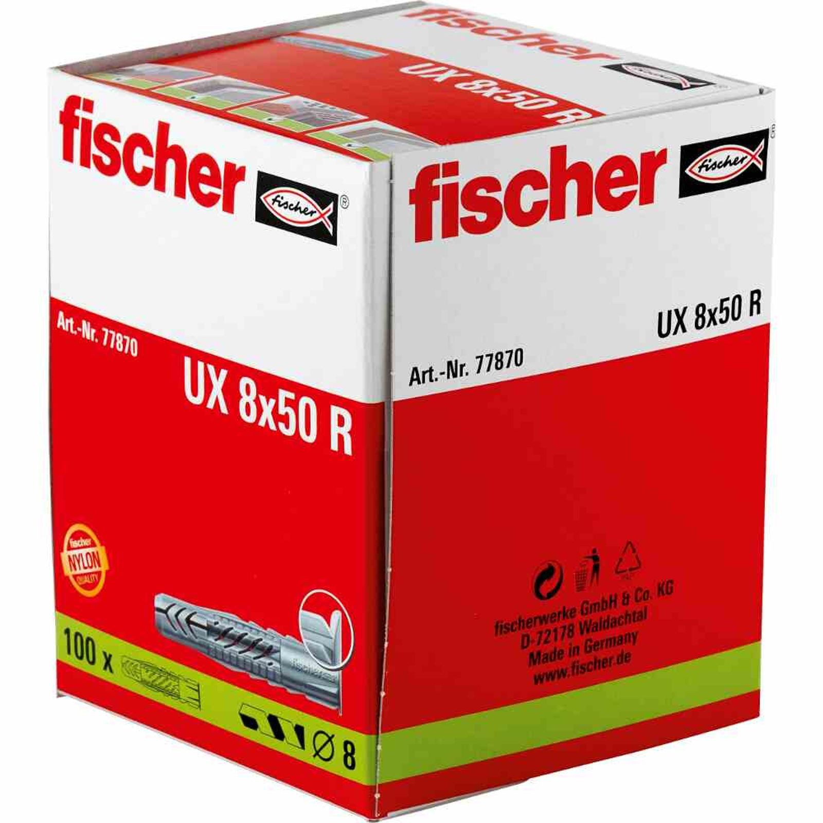 fischer Universaldübel UX 8x50 R Nylon Universaldübel lang mit Rand,* packweise! *, 100 Stück, (100-tlg)