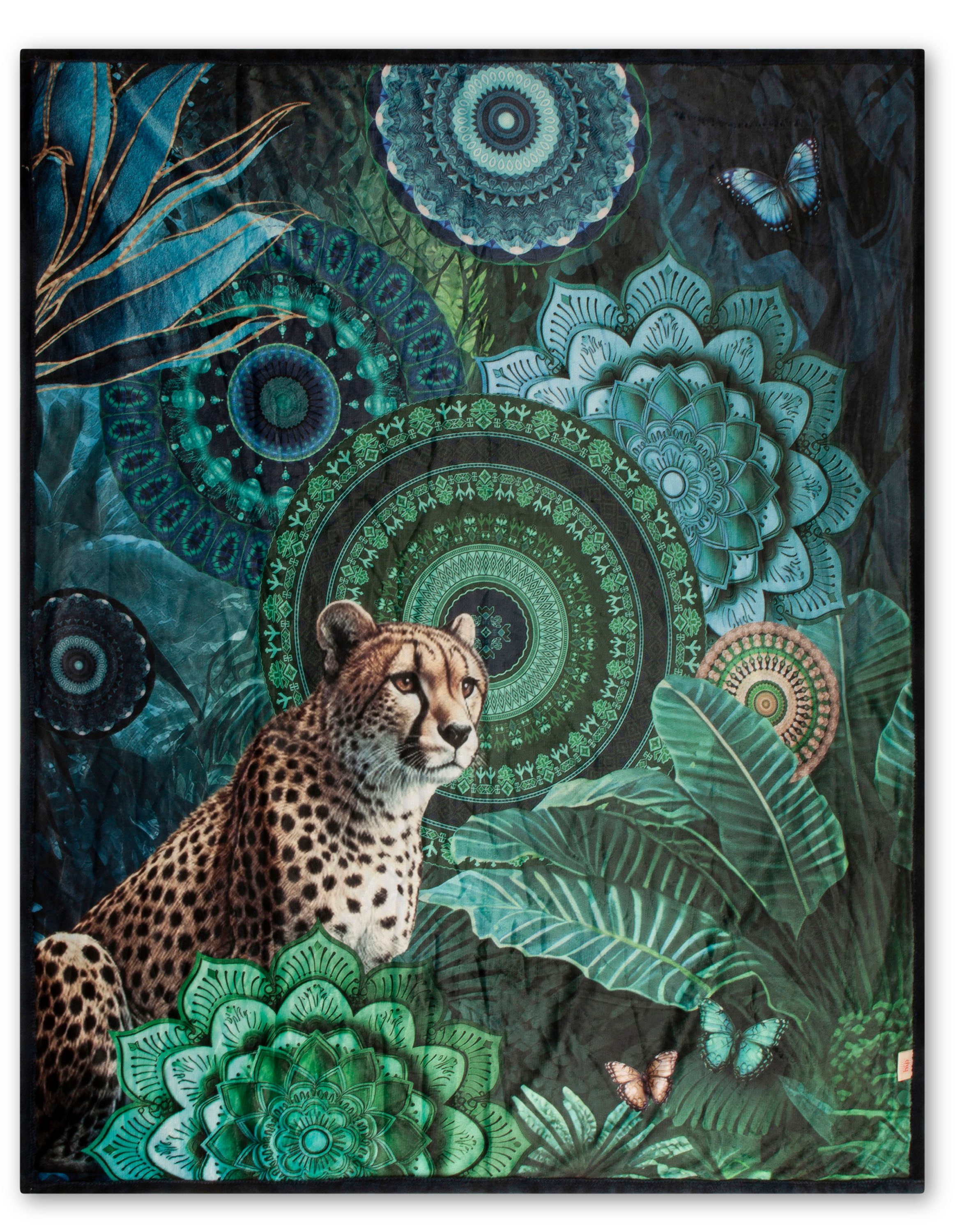 Plaid Nyah, hip, Weich, Kuscheldecke, 130x160 cm, Wendeoptik, Mandala, Leopard, Blau