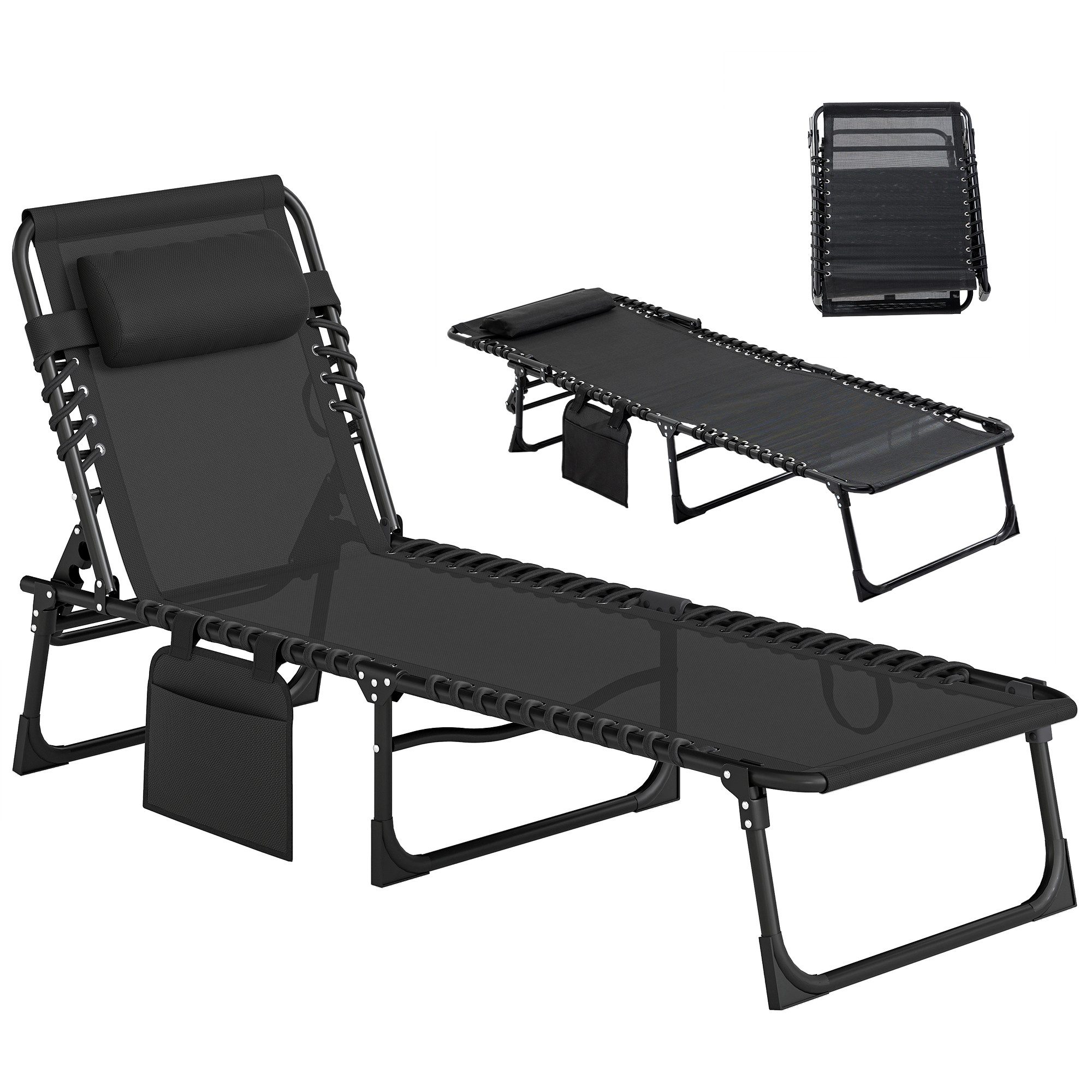 Outsunny Gartenliege mit Kopfkissen, Seitentasche, 5-Fach verstellbare Rückenlehne, Sonnenliege klappbar, 1 St., wetterfeste Liegestuhl, bis 120 kg belastbar, für Garten Strand Pool, Schwarz