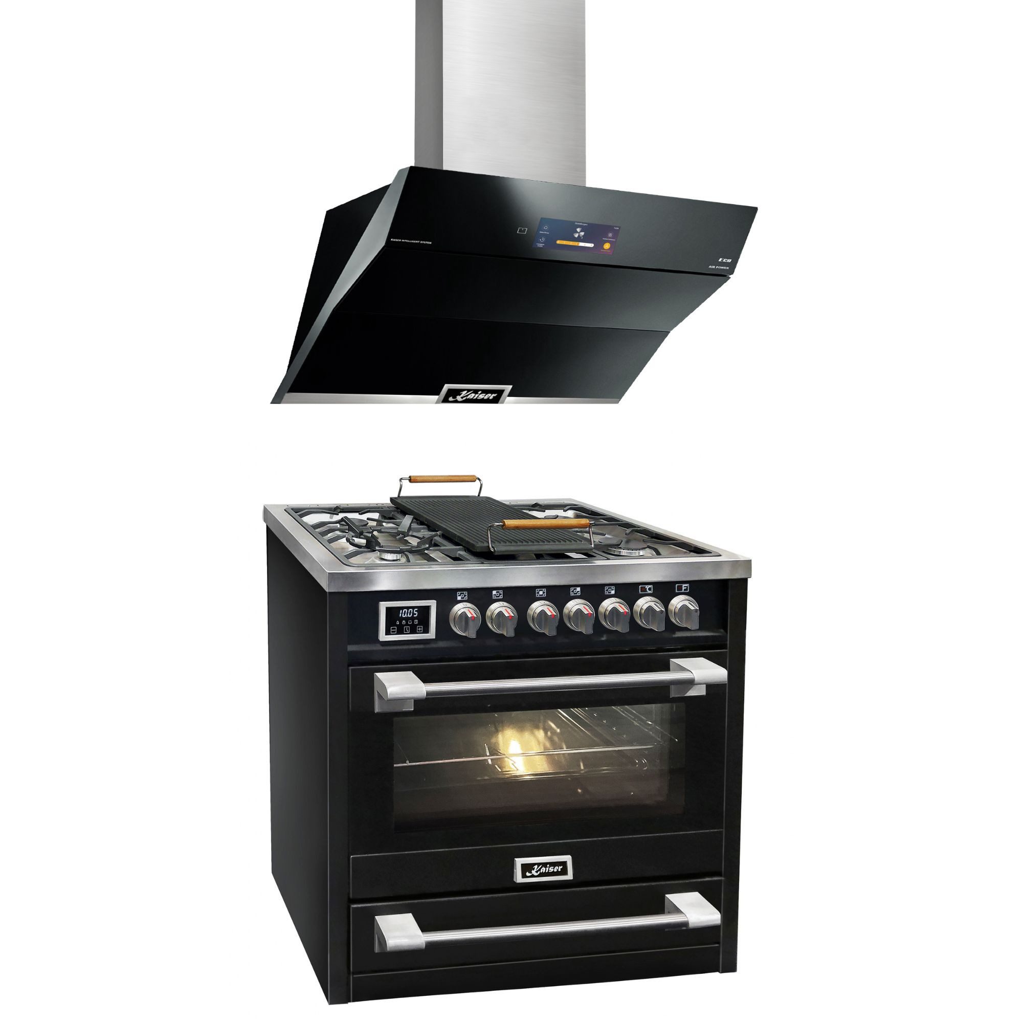 Kaiser Küchengeräte Gas-Standherd Gasherd mit XXL Elektrobackofen 115L, Heißluftsystem, Infrarotgrill, Drehspieß HGE 93505 s+AT 9343., mit 2-fach-Teleskopauszug, Katalytische Selbstreinigung, Gasherd mit Elektrobackofen+Dunstabzugshaube TFT Display 1250 m3/h