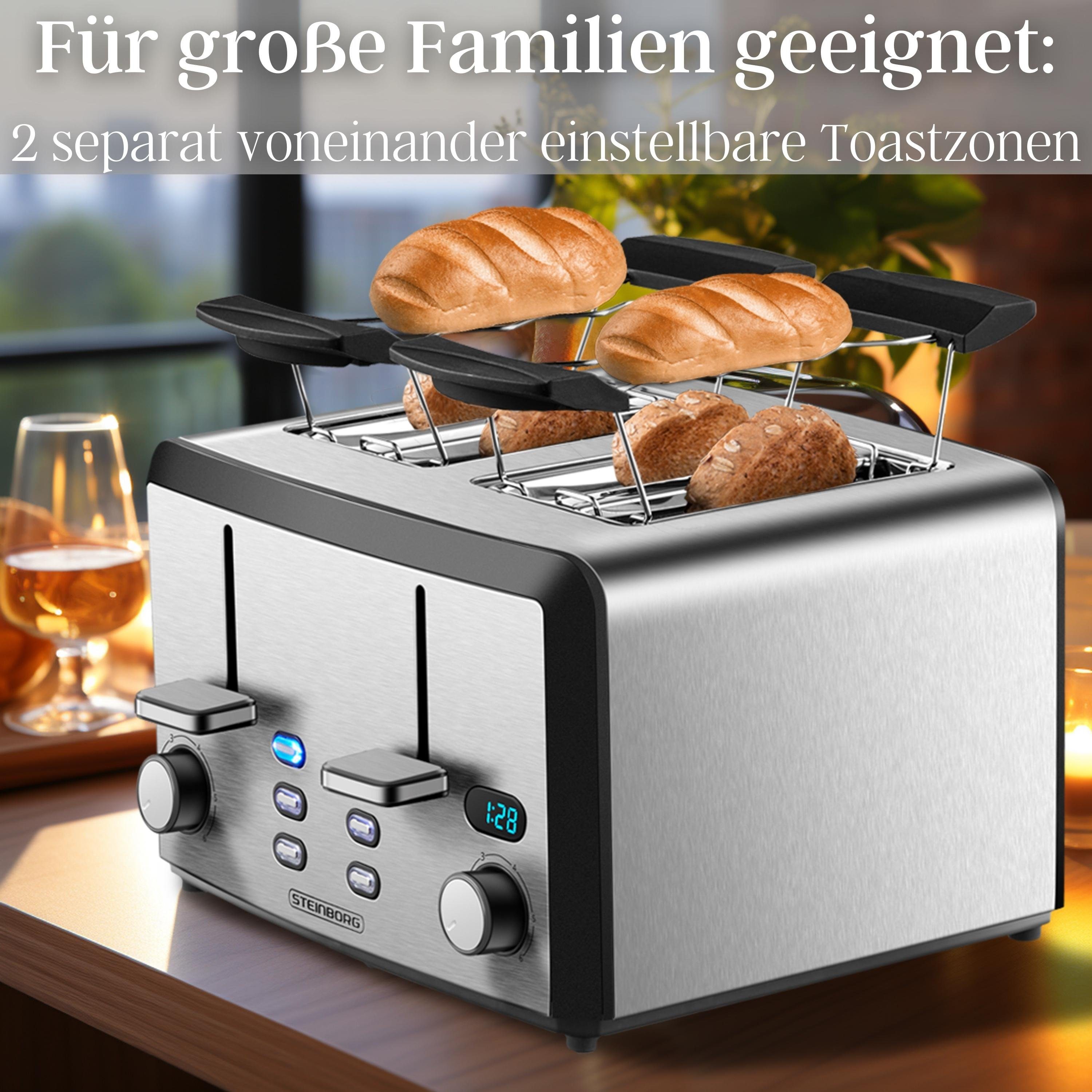 STEINBORG Toaster SB-2210, 4 kurze Schlitze, für 4 Scheiben, Edelstahl Gehäuse,Brötchenaufsatz,Krümelschublade,LED Display