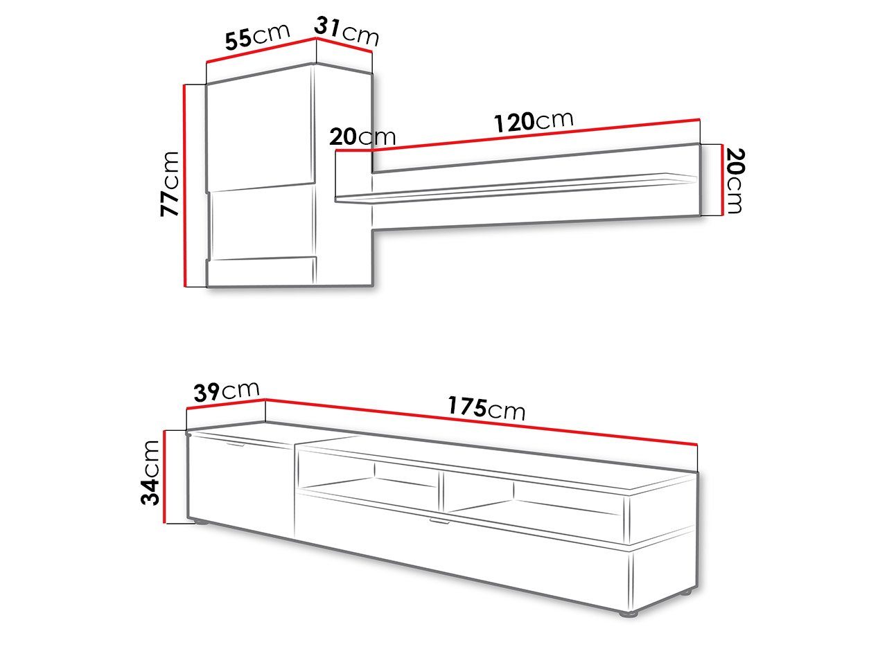 MIRJAN24 Wohnwand TV-Lowboard, Wandregal), (3er-Set, Hängevitrine, Dunkel / als Kiefer Weiß Wohnzimmer-Set Öffnen Roco, Anbauwand, griffloses