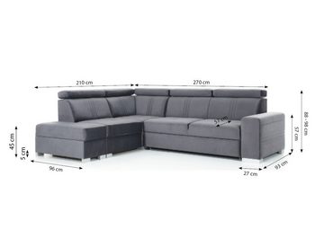 Fun Möbel Ecksofa Ecksofa Schlafsofa NOLAN inkl. USB-Anschluss, inkl. Bettkasten, Kopfteil verstellbar, Rundumbezug, Mit USB-Anschluss, Ottomane Rechts oder Links