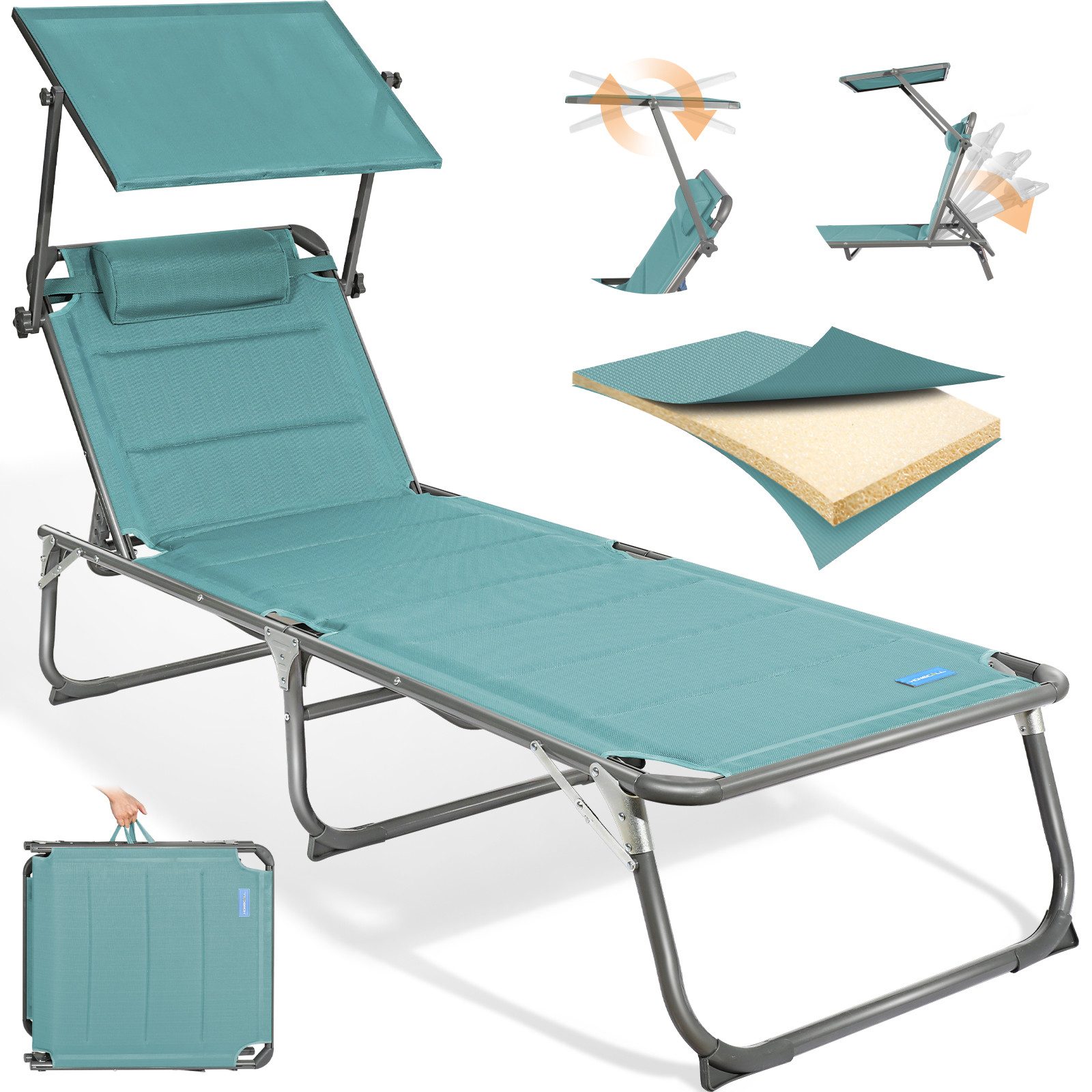 HOMECALL Gartenliege Sonnenliege AluLiege Liegestuhl Strandliege Liegen, klappbar, Textilene Mit Dickem Schwamm, Verstellbare Rückenlehne, Sonnenblende, Kopfpolster, bis 180KG