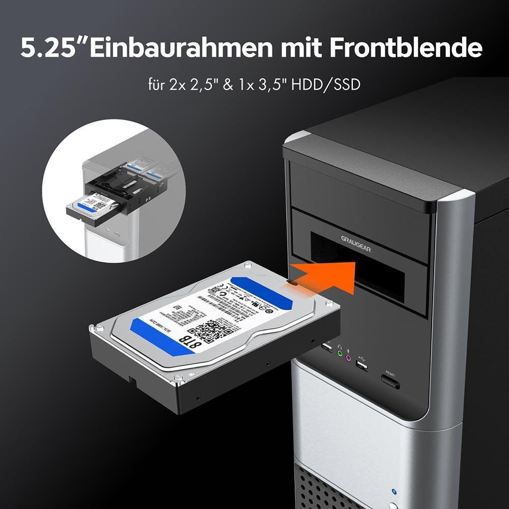 GRAUGEAR Festplatten-Einbaurahmen 5,25” Einbaurahmen mit Frontblende, SSD HDD Einbaurahmen 3,5 auf 5,25 Zoll, Einbauschacht für Festplatten