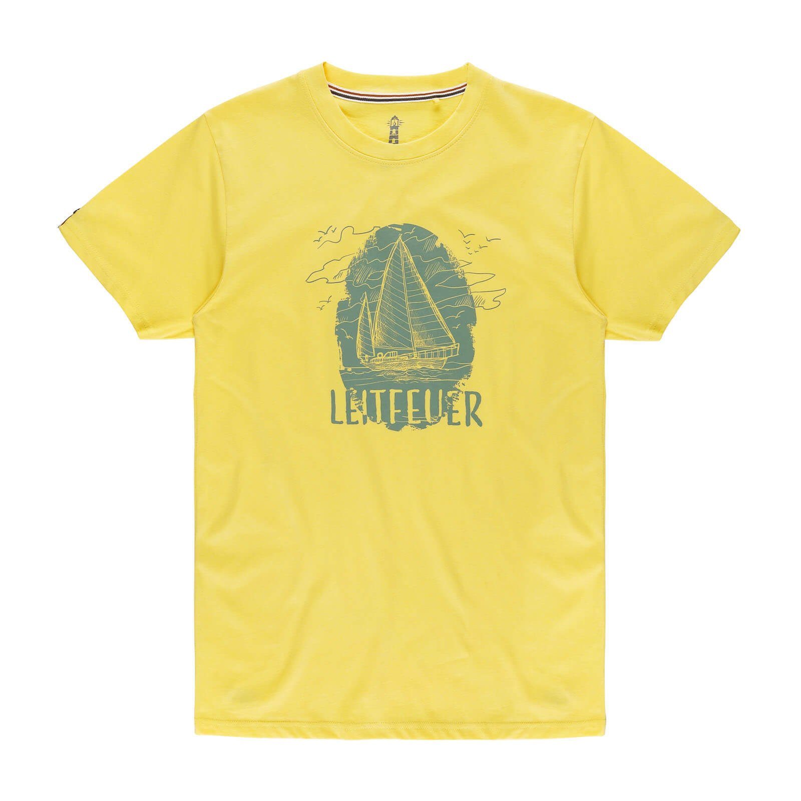 Sommershirt Leitfeuer T-Shirt Herren und Segelschiff Front-Print gelb Rundhalsausschnitt mit