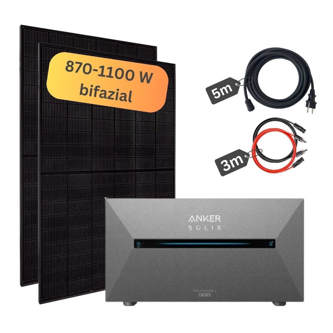 MyVoltaics Balkonkraftwerk Balkonkraftwerk mit Speicher 870W - inkl. Anker SOLIX Solarbank 2 Pro, (WLAN Wechselrichter und Steuerungseinheit integriert – anschlussfertig), Genehmigungsfreies Balkonkraftwerk 870 Watt im Komplettset