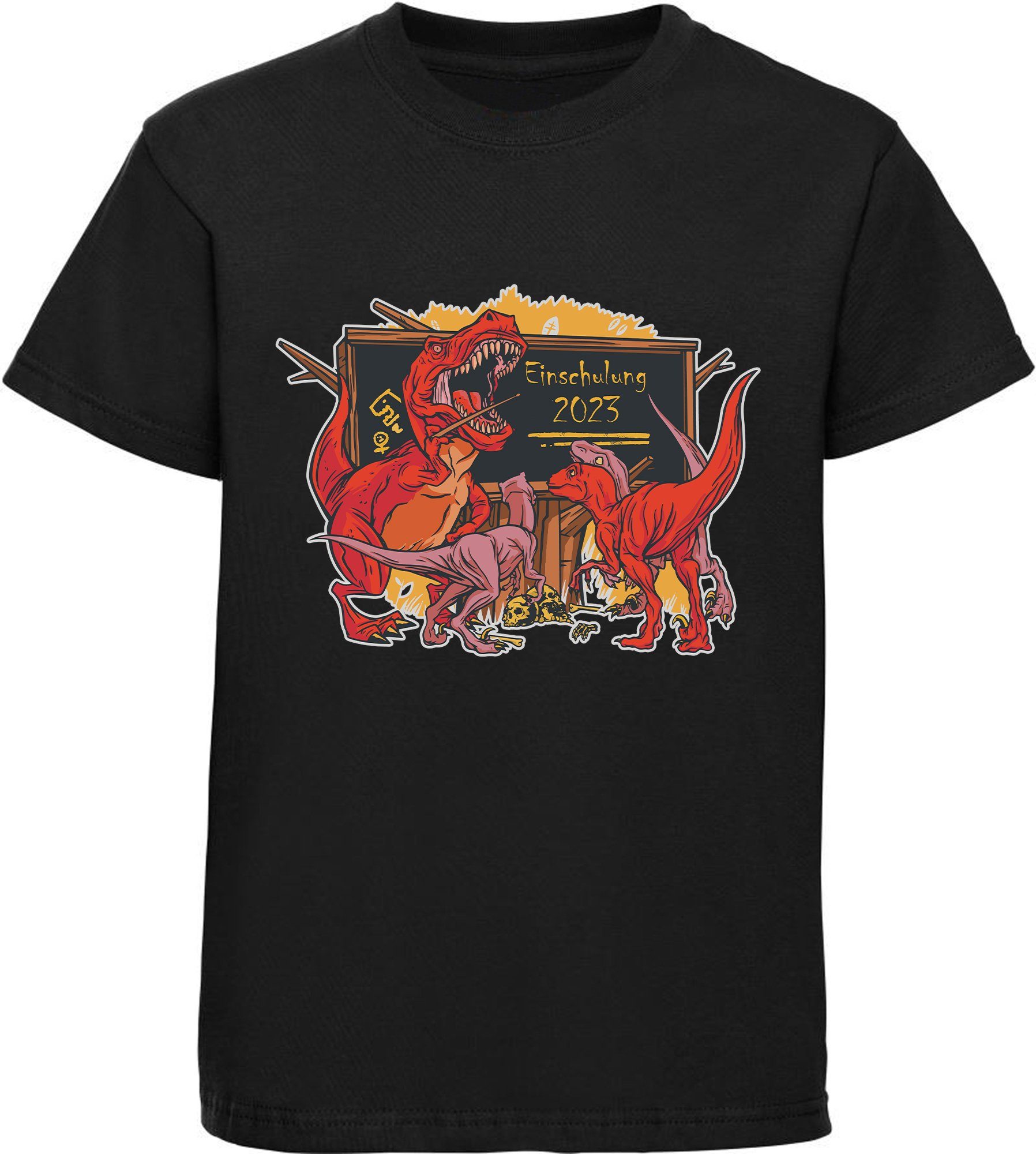 MyDesign24 Print-Shirt bedrucktes Kinder T-Shirt brüllender T-Rex als Lehrer Baumwollshirt Einschulung 2023, schwarz, weiß, rot, blau, i38
