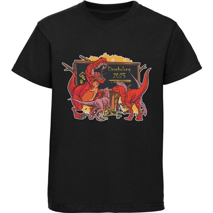 MyDesign24 Print-Shirt bedrucktes Kinder T-Shirt brüllender T-Rex als Lehrer Baumwollshirt Einschulung 2023 schwarz weiß rot blau i38