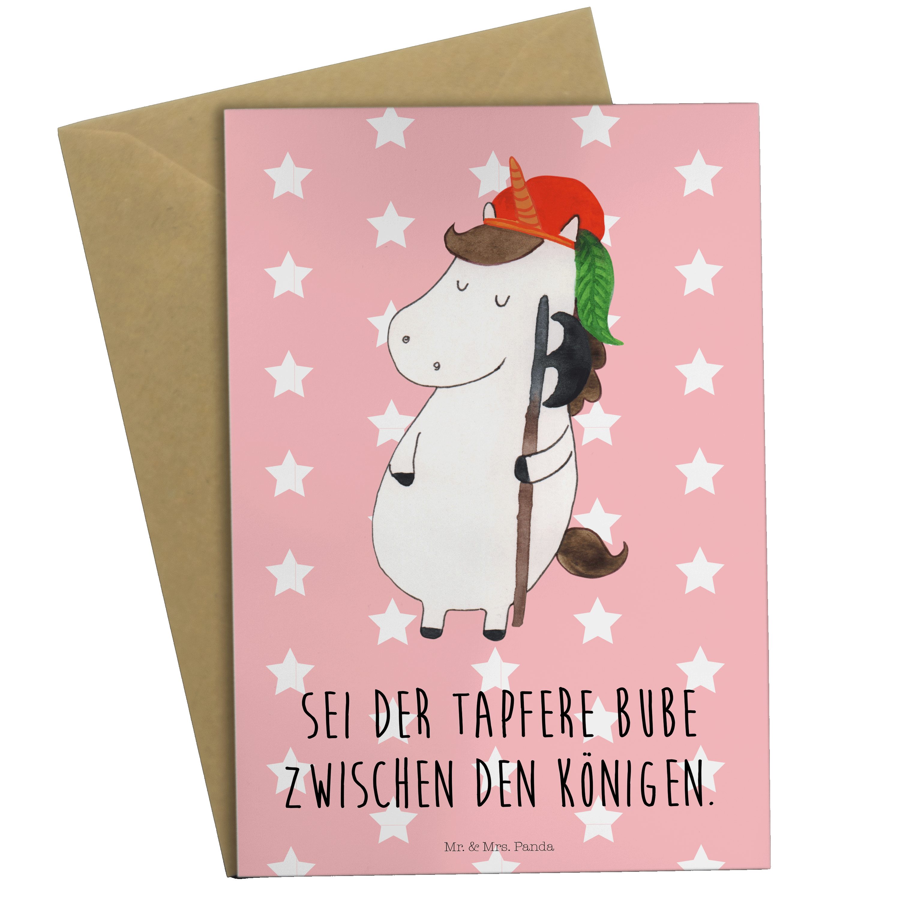 Mr. & Mrs. Panda Grußkarte Einhorn Bube - Rot Pastell - Geschenk, Pegasus, Klappkarte, Hochzeits