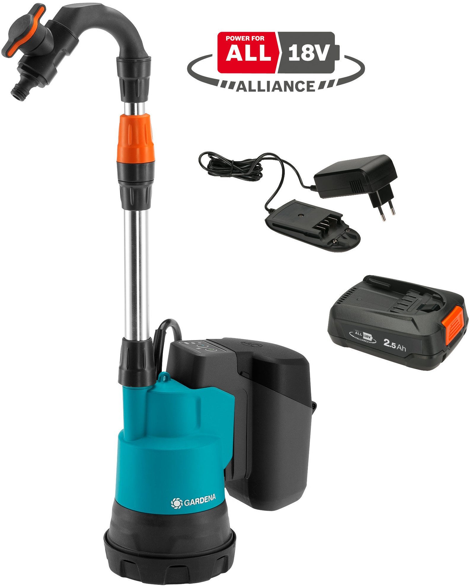 GARDENA Regenfasspumpe 2000/2 18V P4A Ready-To-Use Set (Ink. Akku und Ladegerät), Akku-Pumpe für die Regentonne, inkl. Akku und Ladegerät