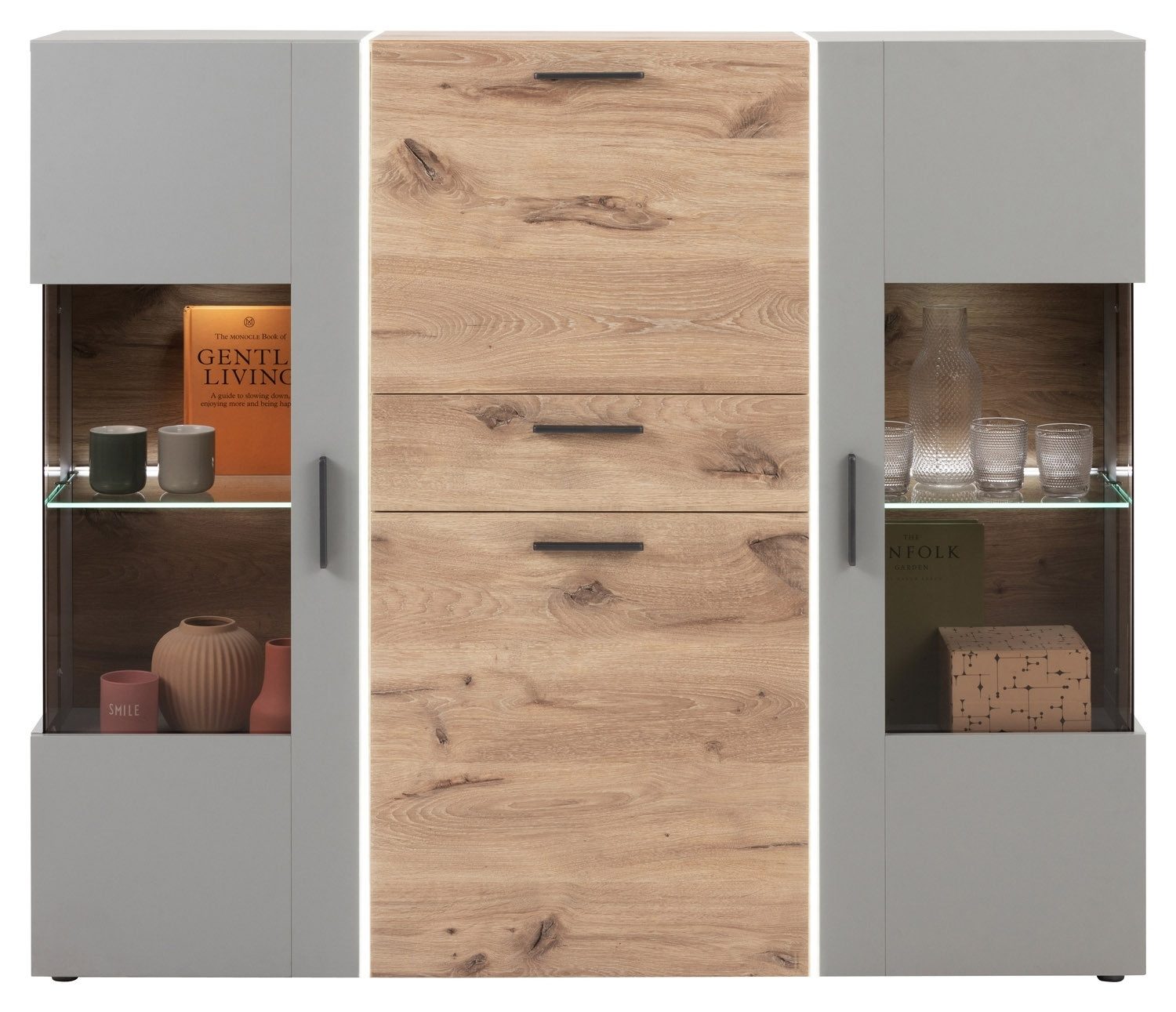 LIV'IN Highboard BAVENO, Hellgrau, Nox Eiche Dekor, 3 Türen, 1 Schublade, Soft-Close, LED-Frontbeleuchtung, B 152 x H 150 x T 37 cm