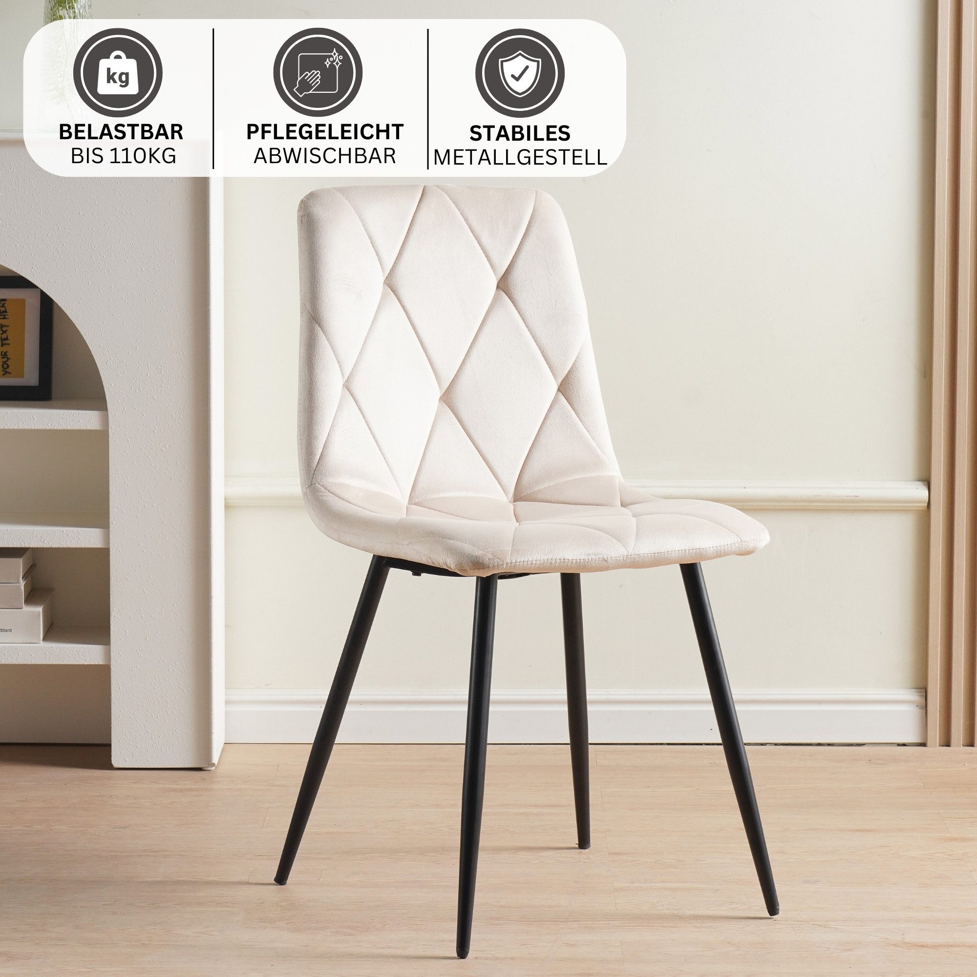 Albatros International Esszimmerstuhl Esszimmer Stühle 4 er Set DORA, Stuhl Stühle Esszimmerstühle, Küche (4er Set, Beige, Samt Bezug), Küchenstuhl Küchenstühle Essstühle für den Esstisch Ess Stühle