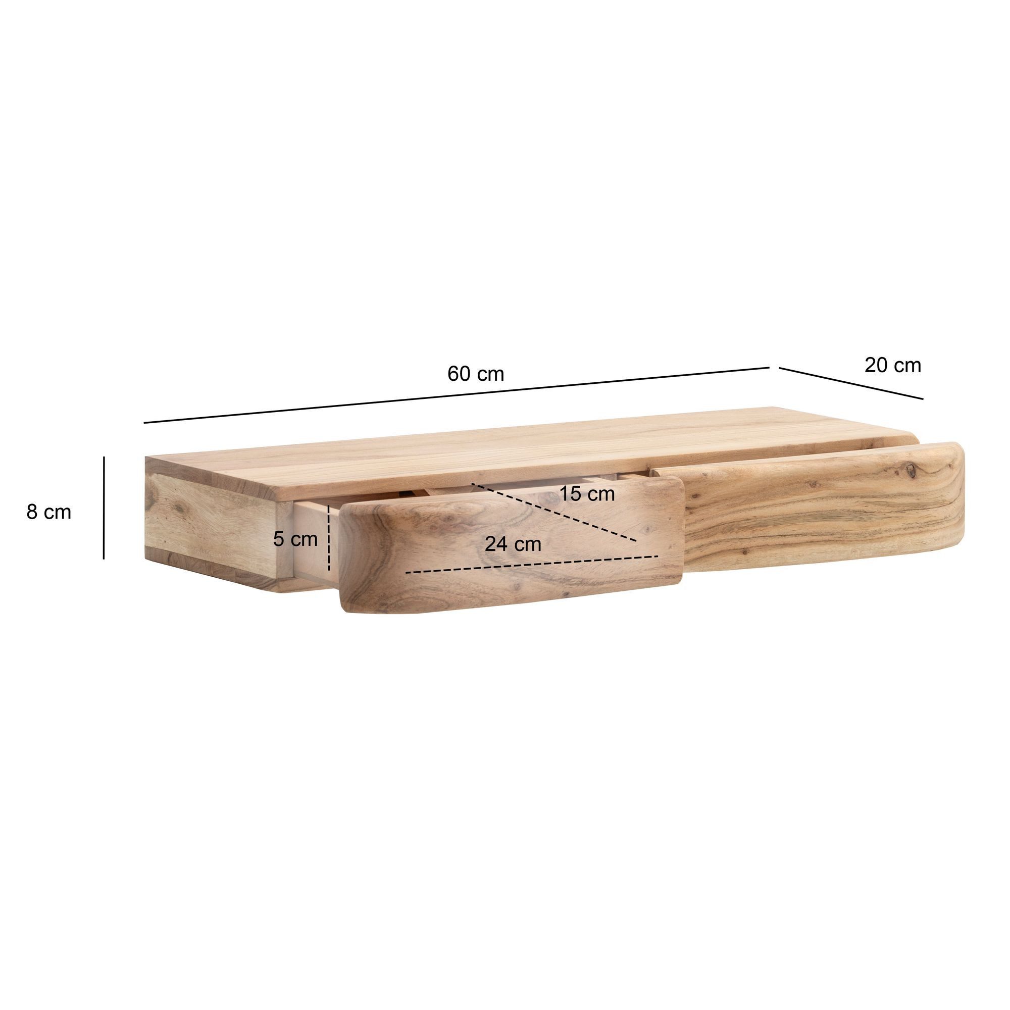 FINEBUY Wandregal FB74736 Schweberegal Akazie Massivholz 60cm Regal Wandboard Schubladen, Massivholz Wandregal mit Schubladen, Praktische Ablage für moderne Wohnräume