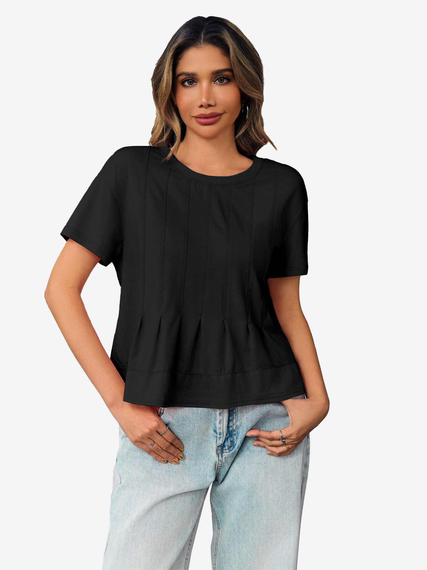 Imily Bela T-Shirt Damen Babydoll Tops mit Schößchen und Falten (Packung, 1-tlg., 1per-Pack) einfarbig