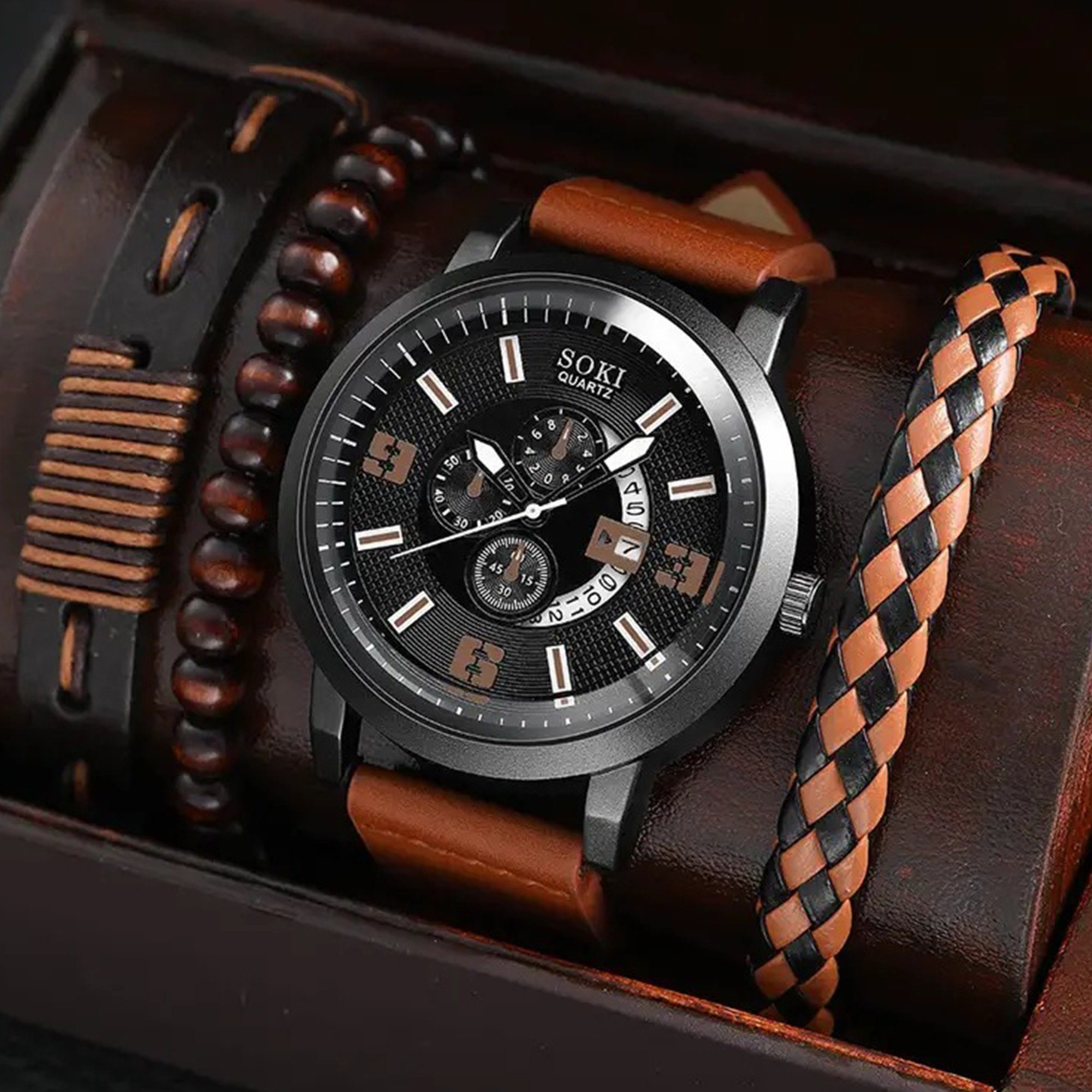 KUGI Uhrenarmband Herrenarmband 4PCS Sets Herrenarmbanduhr für Geschenkbox Herrenuhr Männer, mit braun02 Geschenk Lederarmband Leder
