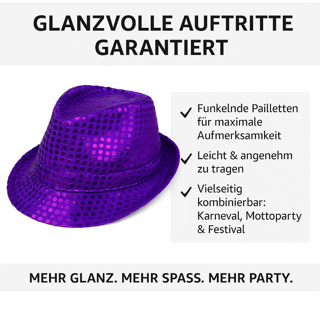 Folat Filzhut Glitzer Pailletten Partyhut für Damen & Herren Kostümaccessoire Funkelnd, leicht, vielseitig