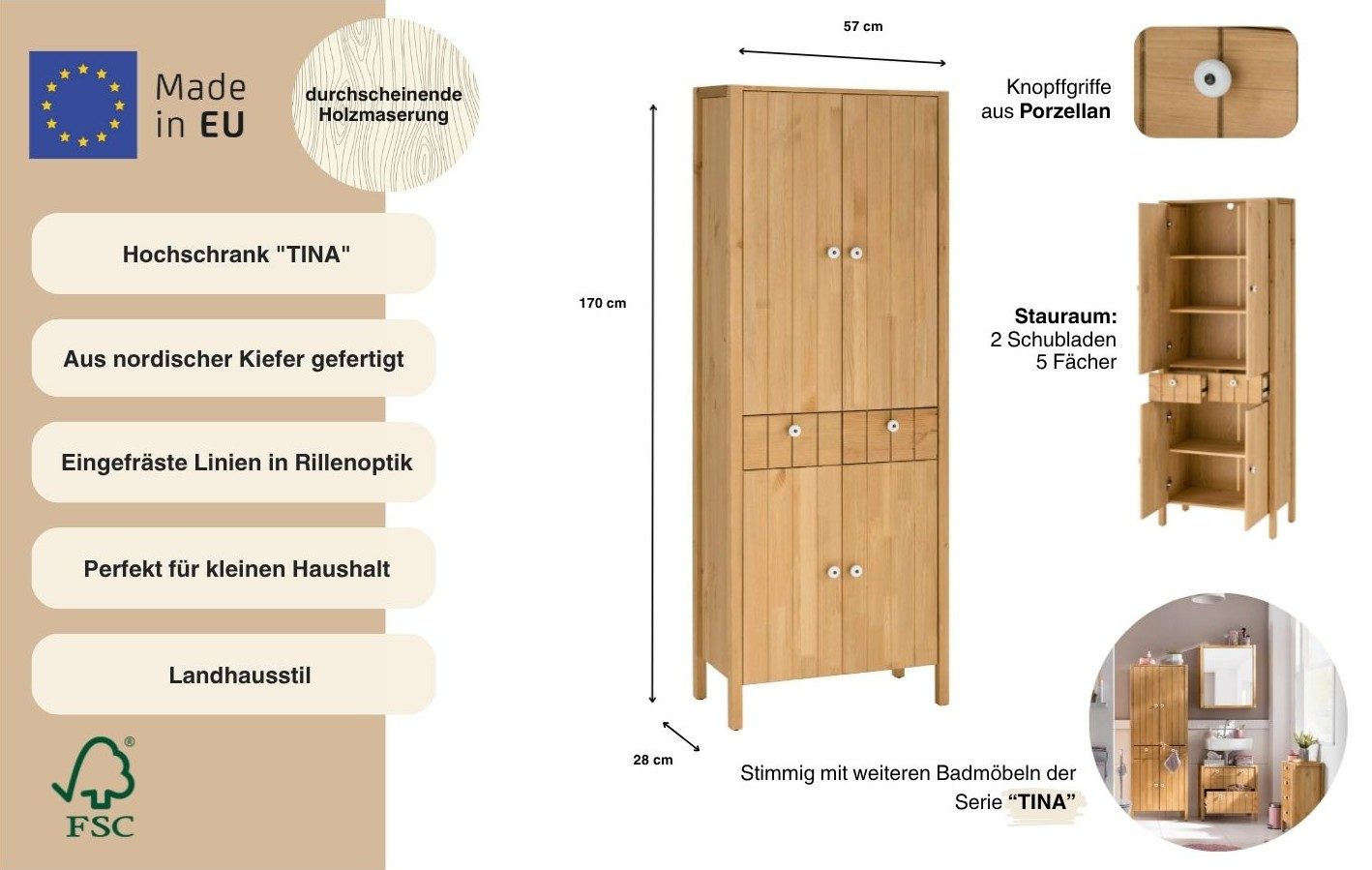 Home affaire Hochschrank Tina Badmöbel, Schrank, Breite 57 cm, Massivholz, FSC®