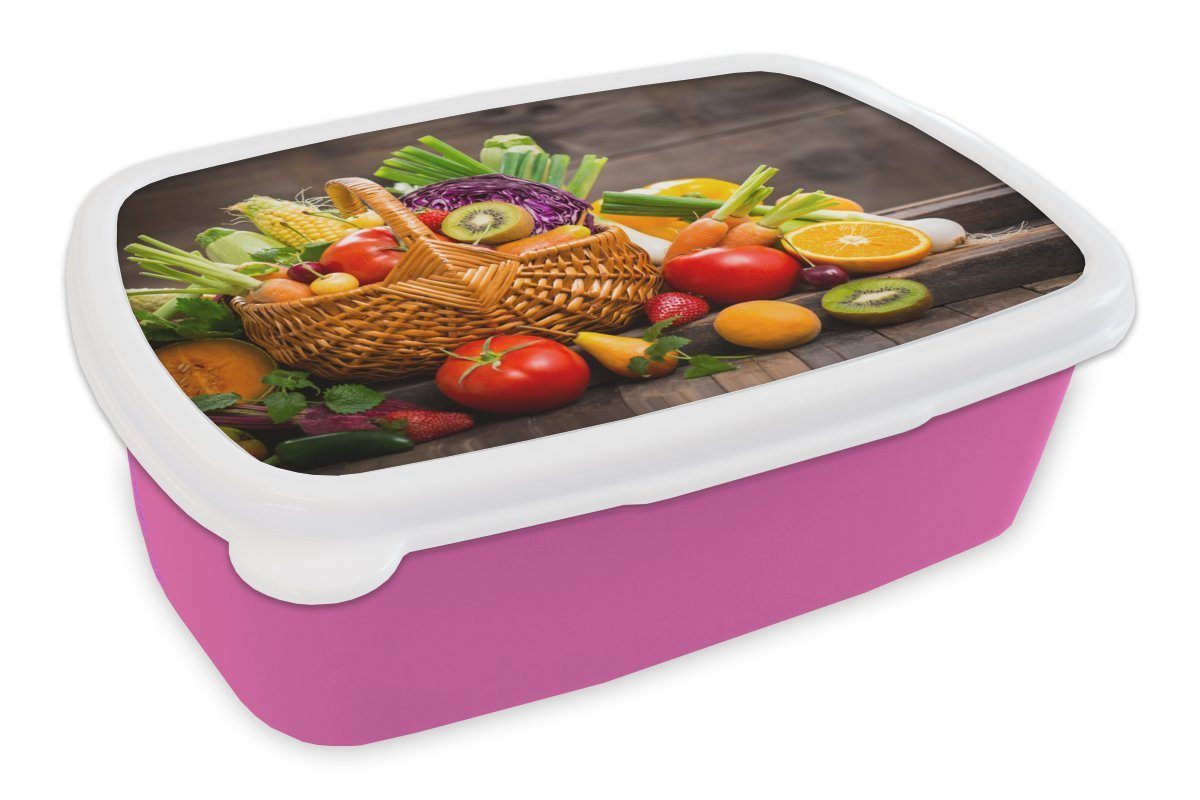 MuchoWow Lunchbox Obstkorb - Obst - Gemüse, Kunststoff, (2-tlg), Brotbox für Erwachsene, Brotdose Kinder, Snackbox, Mädchen, Kunststoff rosa | Lunchboxen