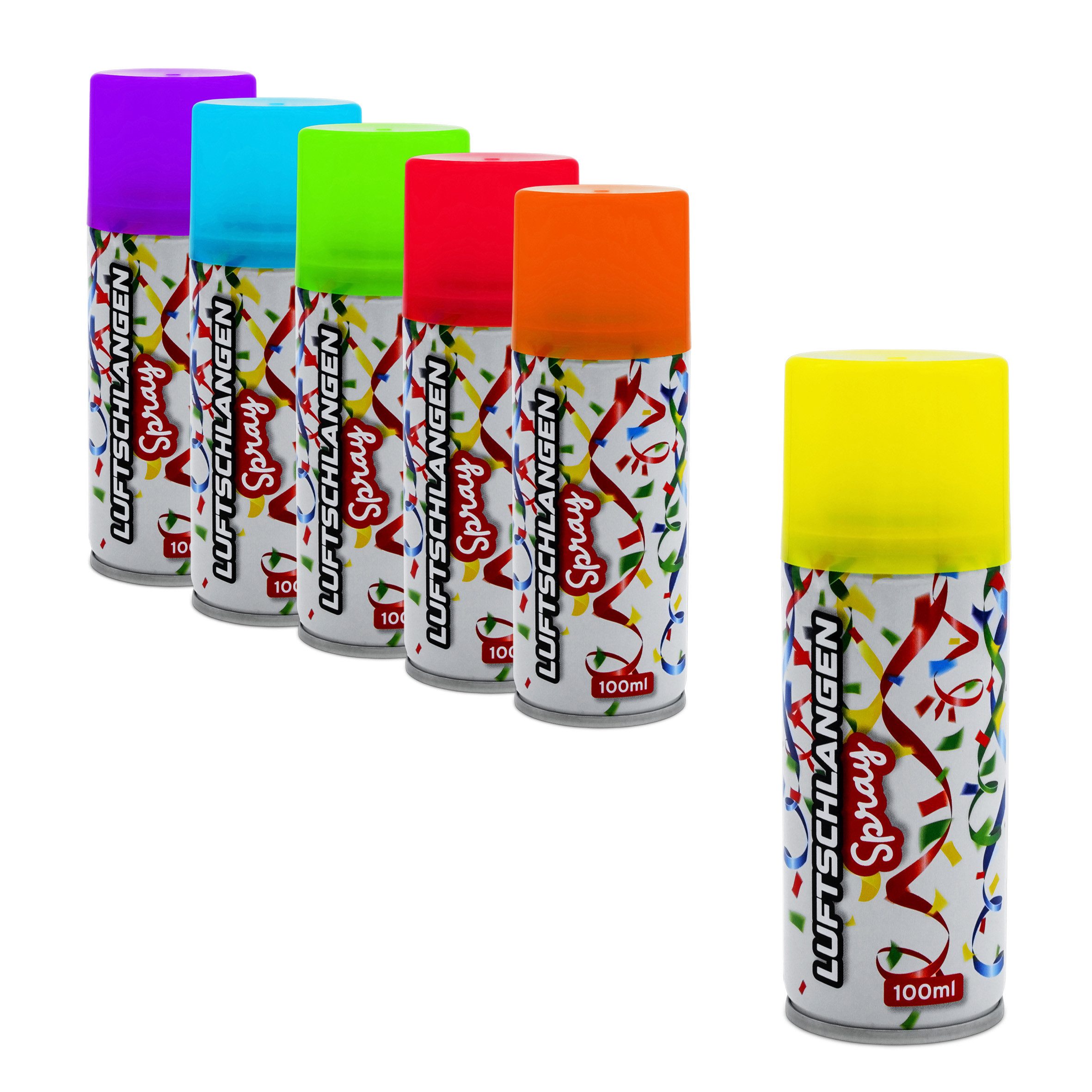 Spetebo Luftschlange Luftschlangenspray 100 ml fluoreszierend, 6er Pack - Karneval Deko Sprüh Luftschlangen in 6 bunten Farben