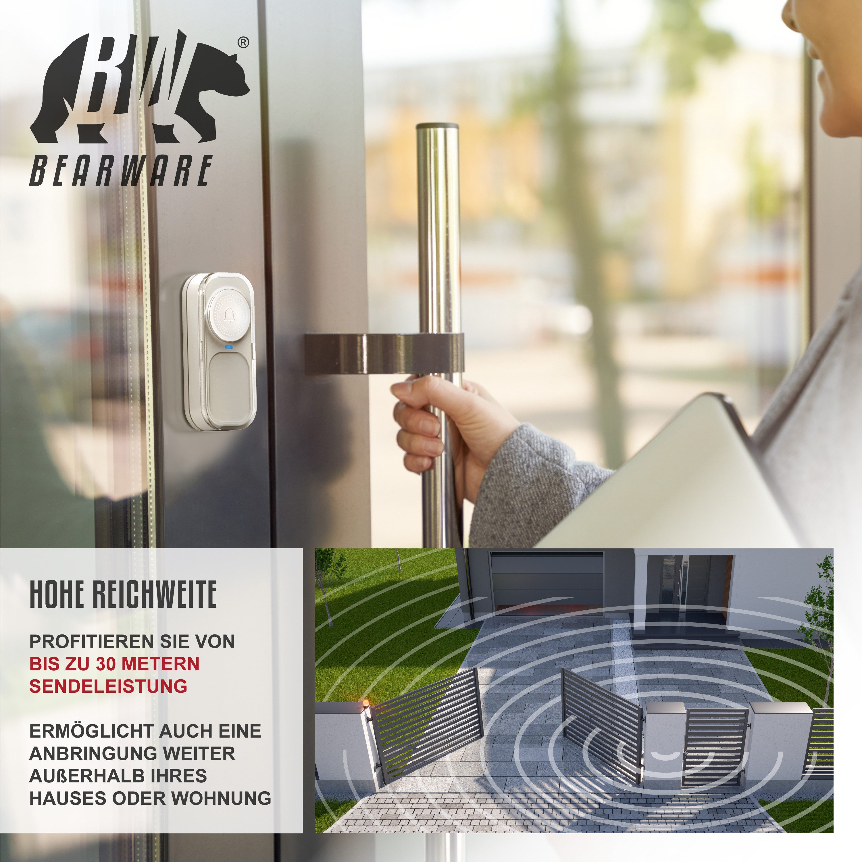 BEARWARE Türklingel-Set Haustür Funk Klingel Set mit Transmitter, Außen, Wasserdicht, IP65, 1 Empfänger, 21 Klingeltöne, (Set, 2-tlg., Klingel; Fernbedienung; Batterien; Montagematerial), 21 Melodien, 4 Lautstärkestufen, satter Klang, für jede Steckdose