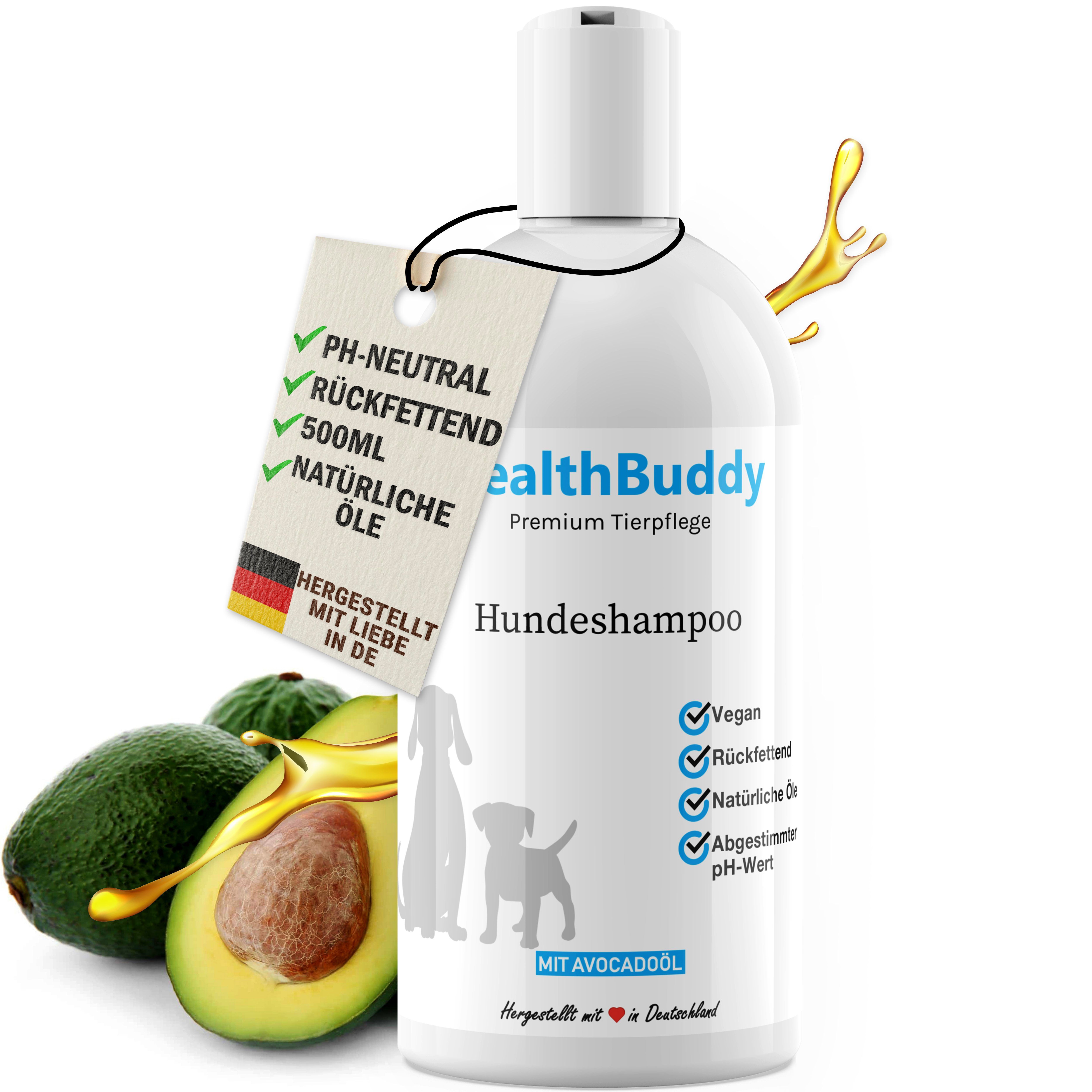 healthBuddy Tiershampoo Premium Hundeshampoo mit natürlichem Avocadoöl, 500 ml, (Packung, – Made in Germany – Entfernt unangenehme Gerüche), Für empfindliche Haut und Fell, Rückfettend, gegen Juckreiz und Flöhe