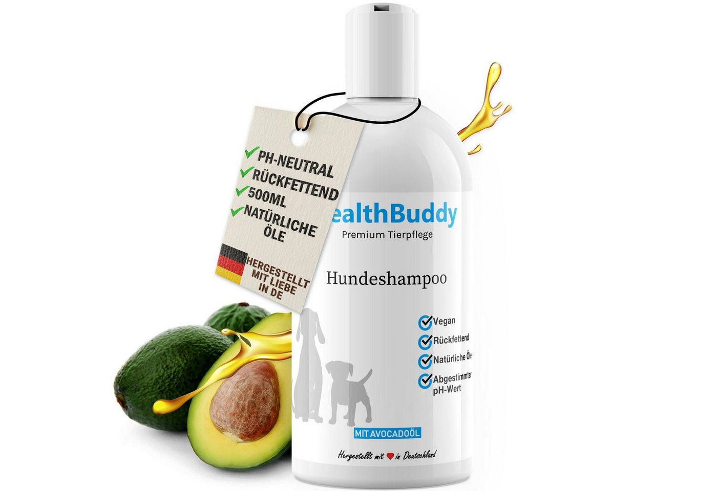 healthBuddy Tiershampoo Premium Hundeshampoo mit natürlichem Avocadoöl, 500 ml, (Packung, – Made in Germany – Entfernt unangenehme Gerüche), Für empfindliche Haut und Fell, Rückfettend, gegen Juckreiz und Flöhe