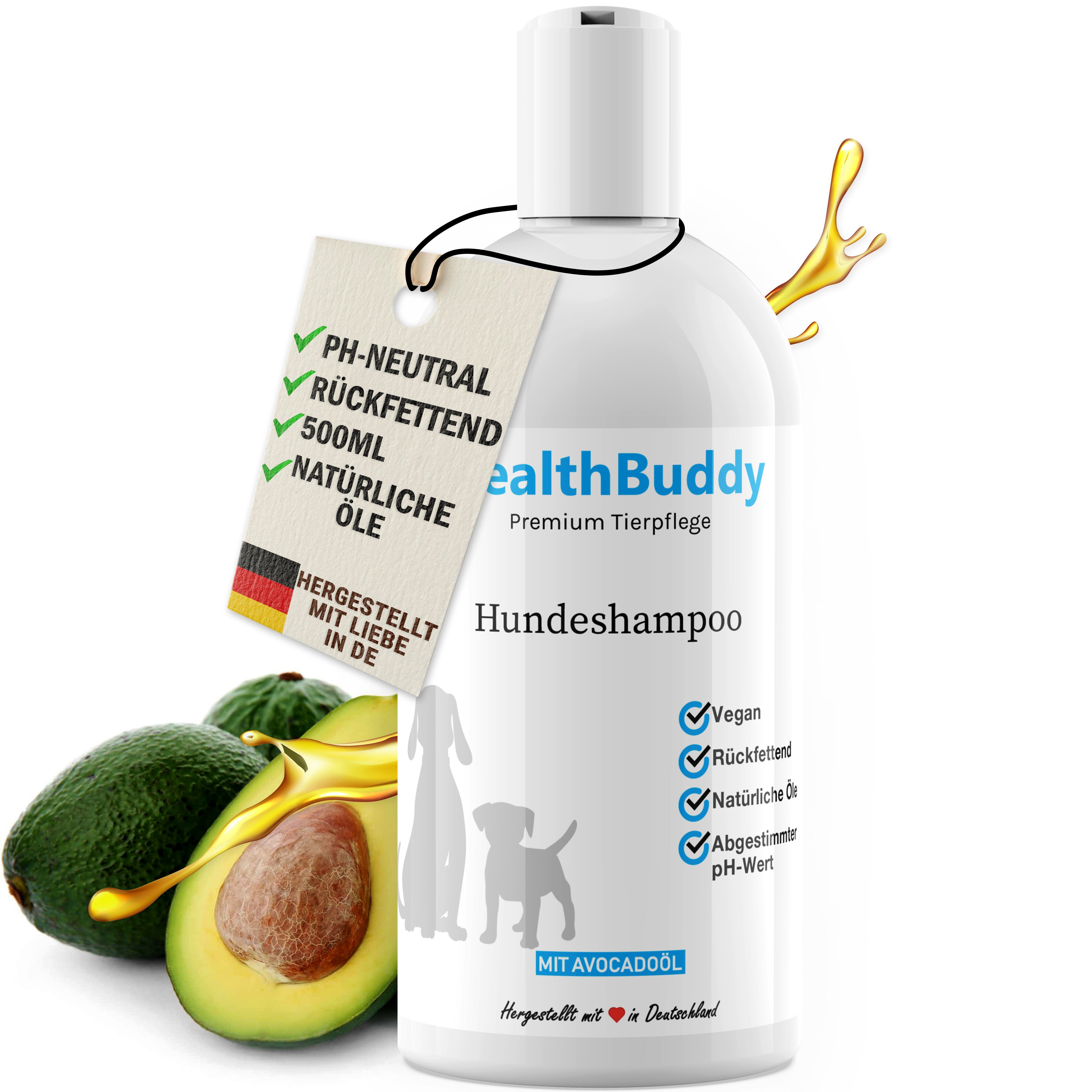 healthBuddy Tiershampoo Premium Hundeshampoo mit natürlichem Avocadoöl, 500  ml, (Made in Germany – Entfernt unangenehme Gerüche), Für empfindliche Haut  und Fell, Rückfettend, gegen Juckreiz und Flöhe