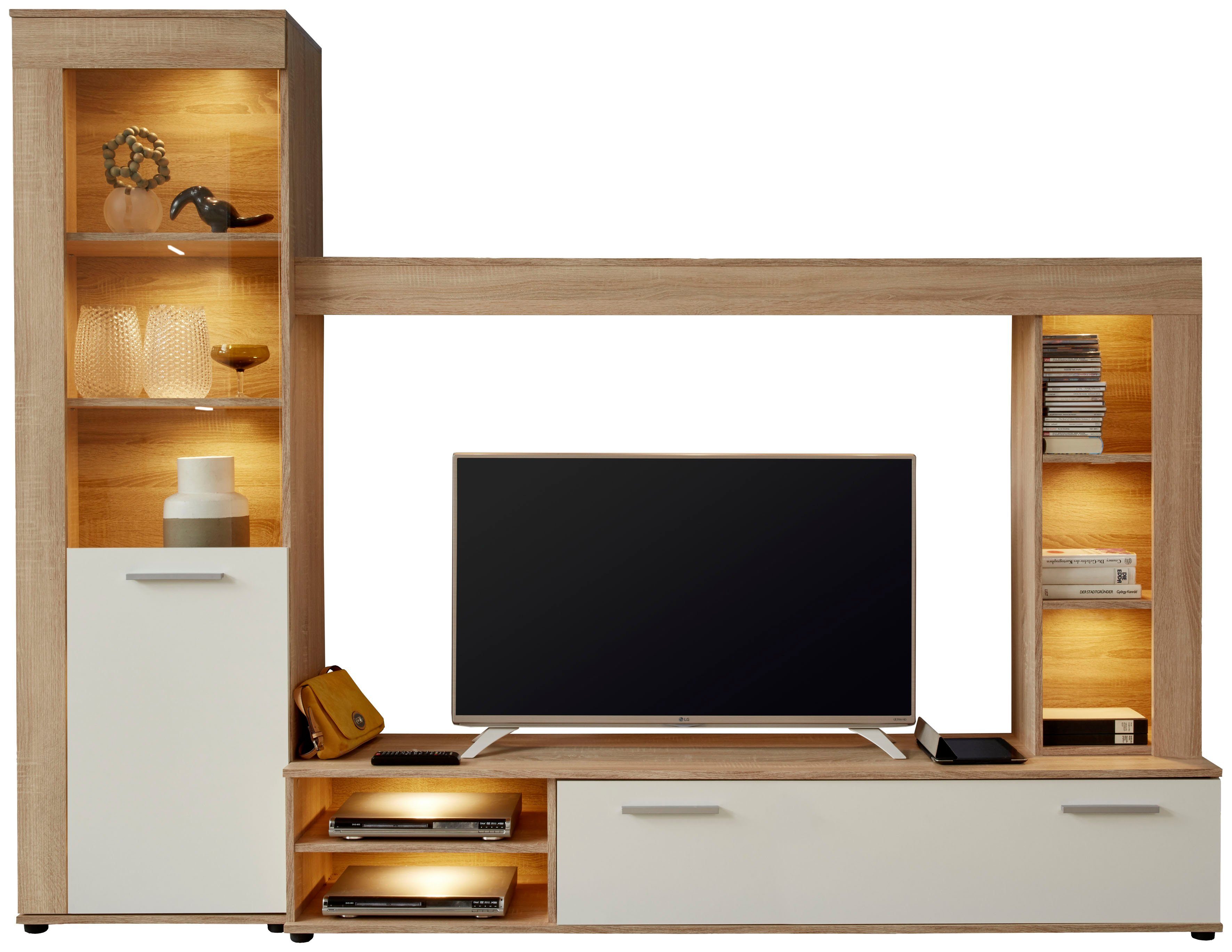 Home affaire Wohnwand Laholm, (Set, 4-St), Wohnwand mit Tür, Klappe & 6 Fächern - (B/T/H) 240/41/185 cm