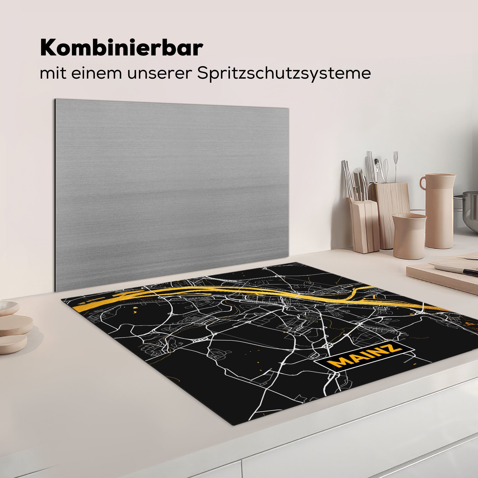 78x78 - cm, MuchoWow Gold, Vinyl, küche (1 Ceranfeldabdeckung, für - - Stadtplan Karte Herdblende-/Abdeckplatte tlg), Mainz Deutschland - Arbeitsplatte