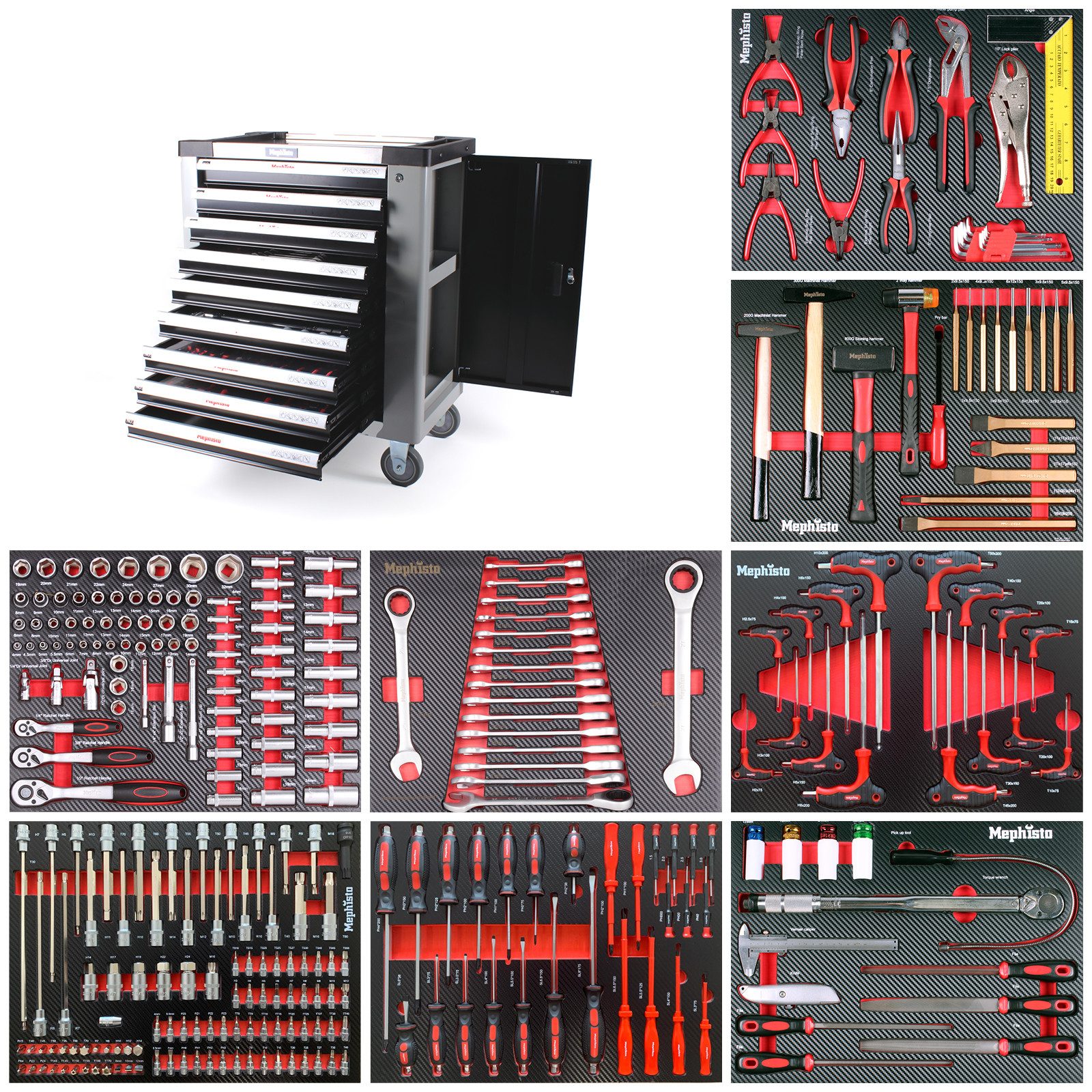 Mephisto-Tools Werkzeugwagen, (fertig montiert und bestückt), 9 abschließbare Выдвижные ящики, Werkzeug ist aus hochwertigem CRV