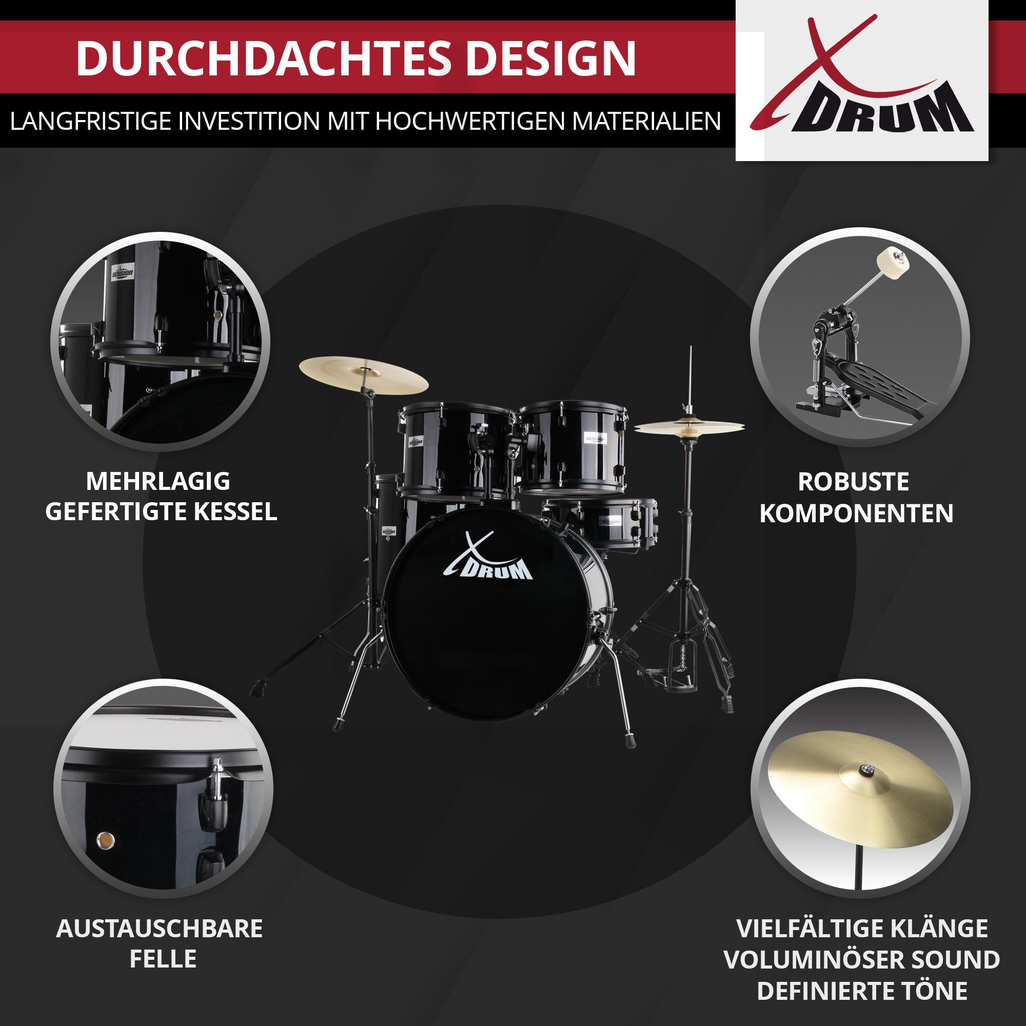 XDrum Schlagzeug Rookie 20" Studio,Komplettes Drumset, inkl. Hocker & Drumsticks, Kesselgrößen: 20" BD, 10", 12", 14" TT, 14 SN