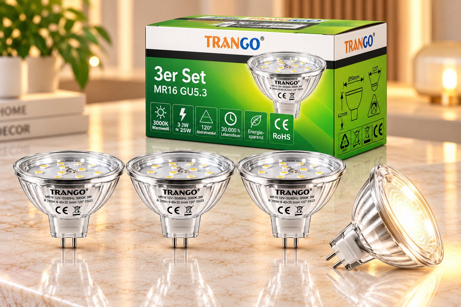 TRANGO LED-Leuchtmittel, 3er Set MR16030 LED Leuchtmittel mit MR16 Fassung zum Austausch herkömmlicher Halogen Leuchtmittel MR16 I GU5.3 I G4 12 Volt 3000K warmweiß, 3 St., Glühlampe, Reflektor Lampe, LED Birnen