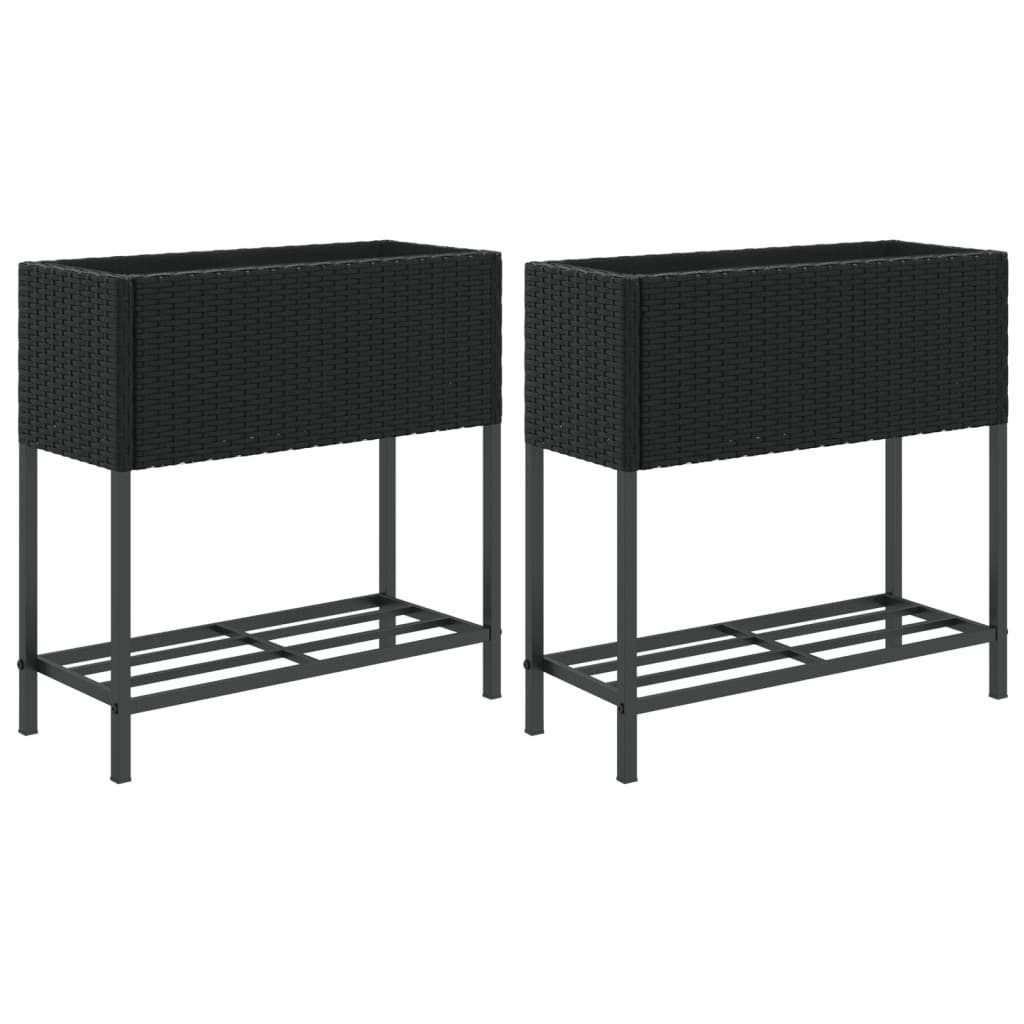 vidaXL Hochbeet Hochbeete mit Ablage 2 Stk. Schwarz 70x28x70 cm Poly Rattan (2 St)