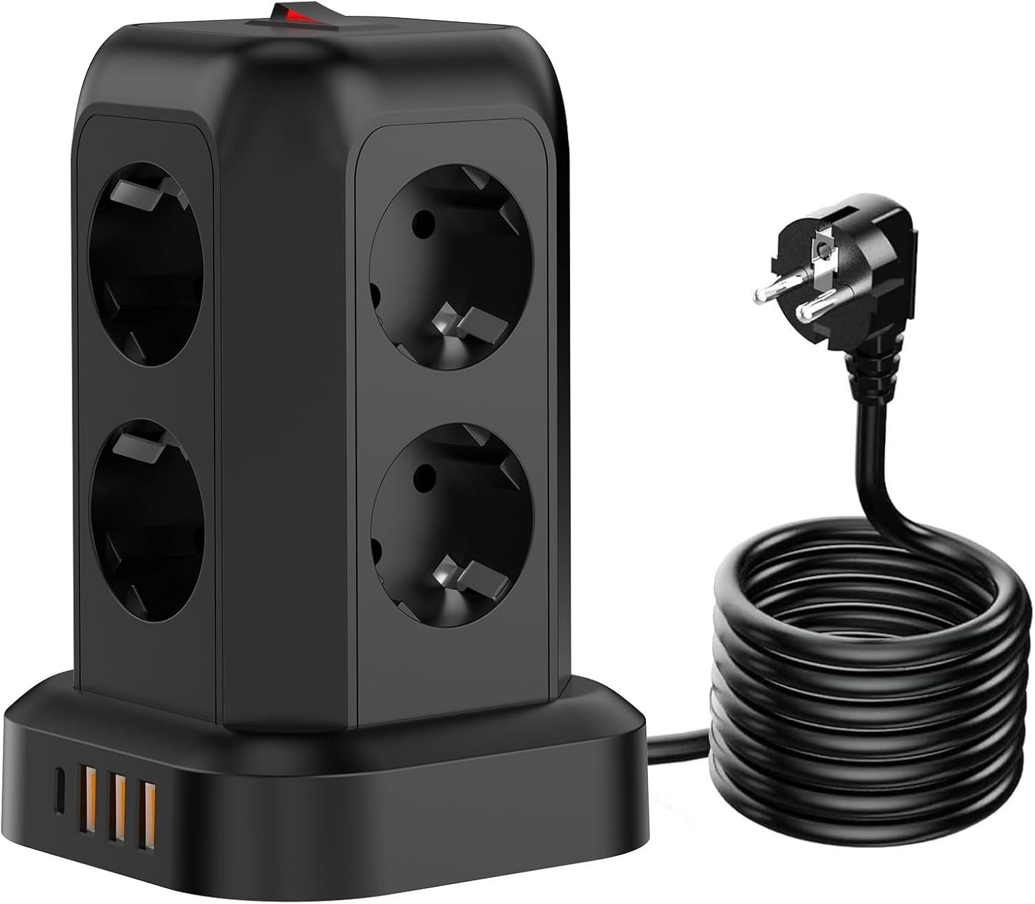 Toomoke 12-in-1 Steckdosenturm mit 8 Steckplätzen und 4 USB-Anschlüssen Mehrfachsteckdose 8-fach (3 USB A und 1 USB C Mehrfachsteckdose, Kabellänge 1.8 m), USB-C Schnellladung, Überspannungsschutz, 2500W Mehrfachsteckdose